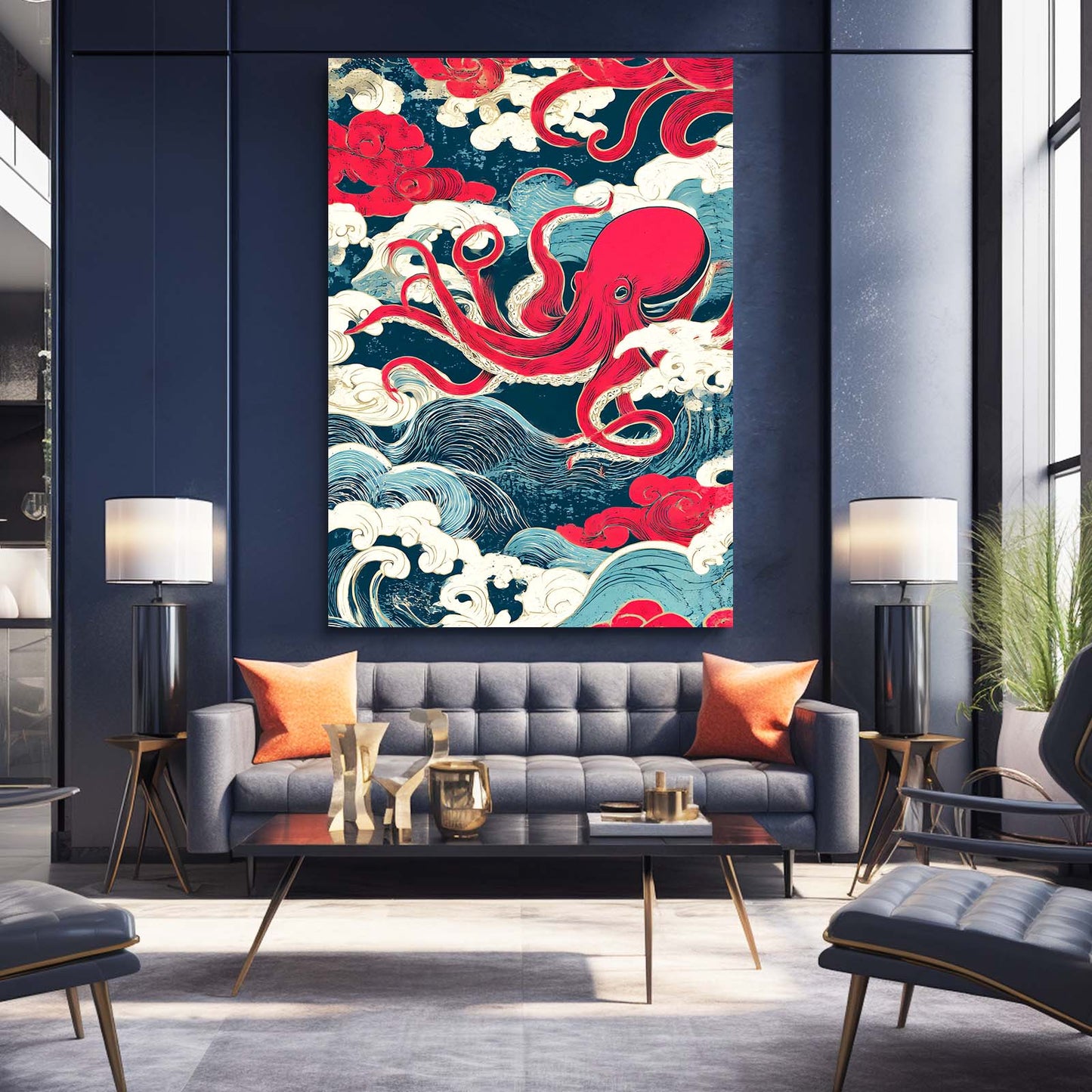 Ukiyo Wave Scroll Octopus Canvas Art – styled in a furnished interior