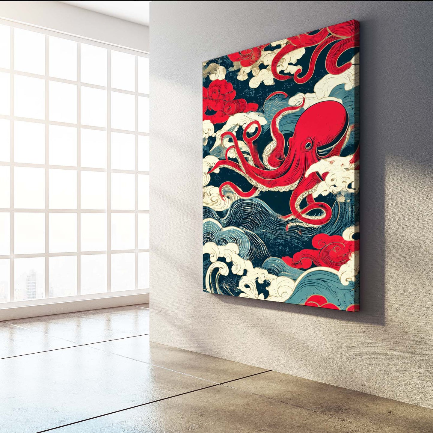Ukiyo Wave Scroll Octopus Canvas Art – styled in a furnished interior