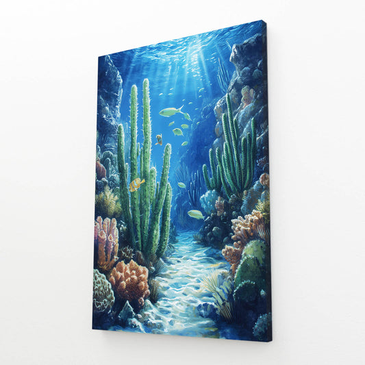 Undersea Reef Fantasy Cactus Wall Decor – angled canvas view on white background