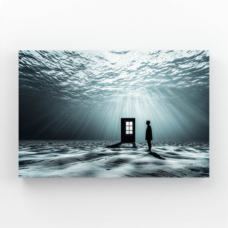 Underwater Doorway Photography Art – glowing doorway standing on the ocean floor