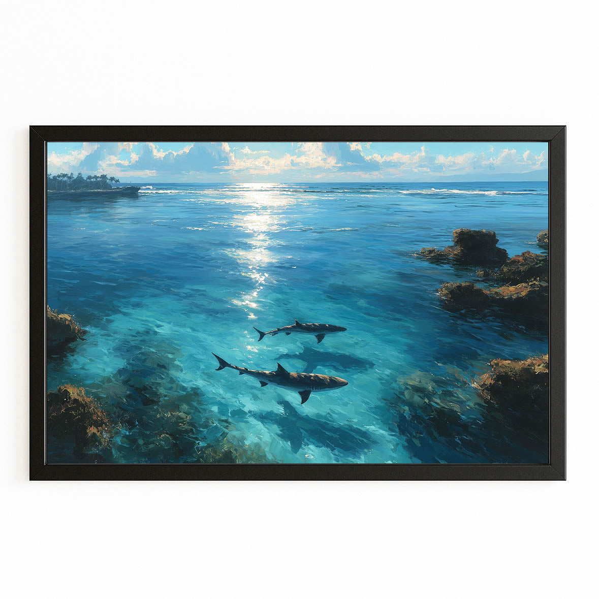 Underwater Silhouette Shark Wall Art – with Premium Black frame on white background