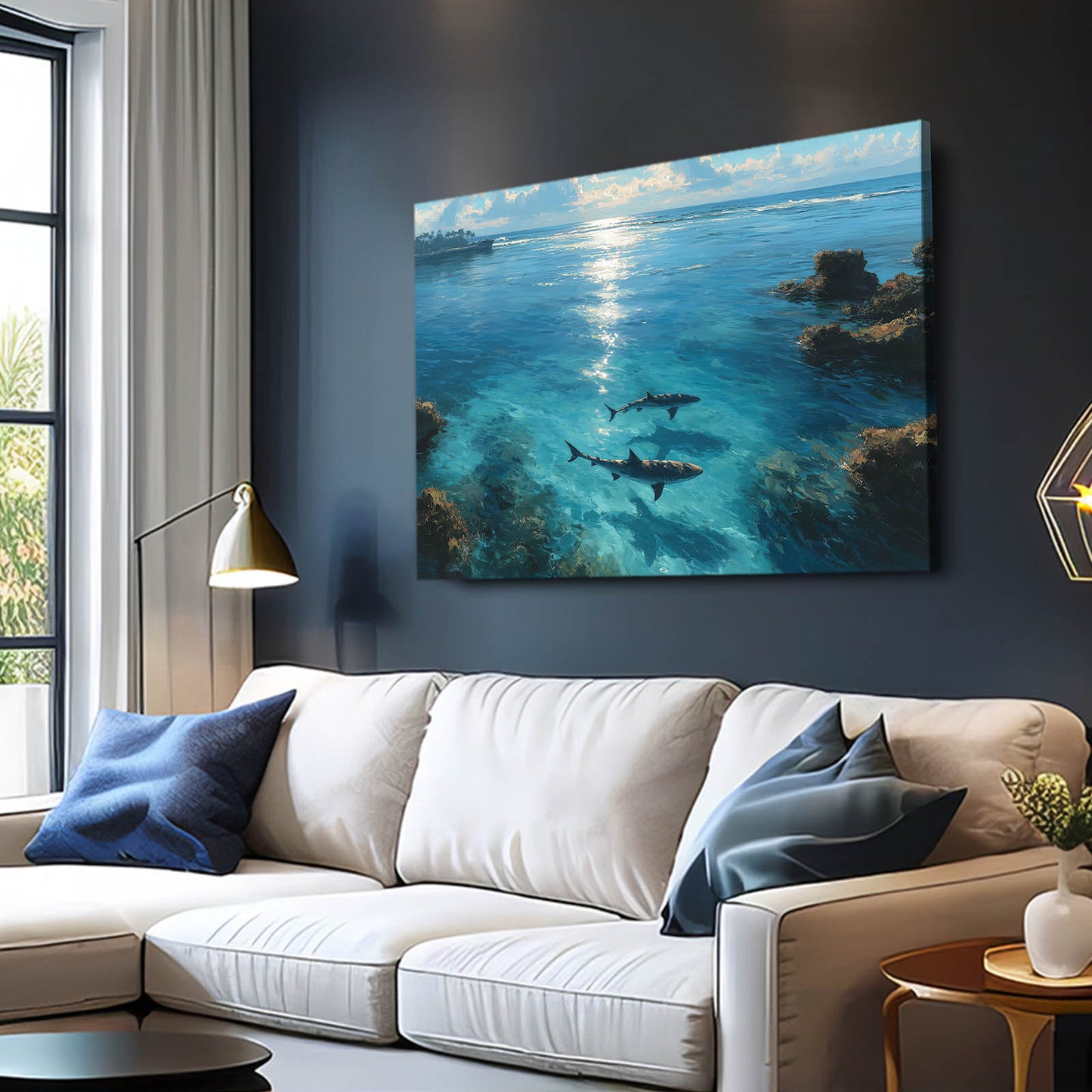 Underwater Silhouette Shark Wall Art – styled in a furnished interior