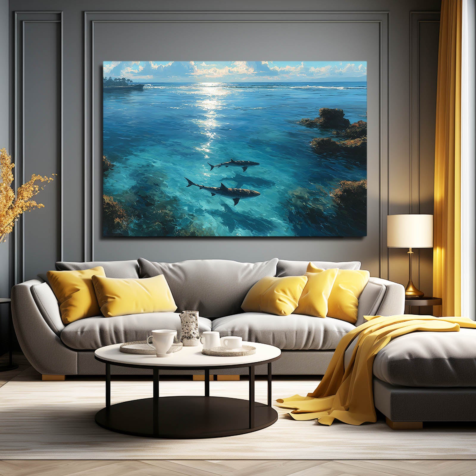 Underwater Silhouette Shark Wall Art – styled in a furnished interior