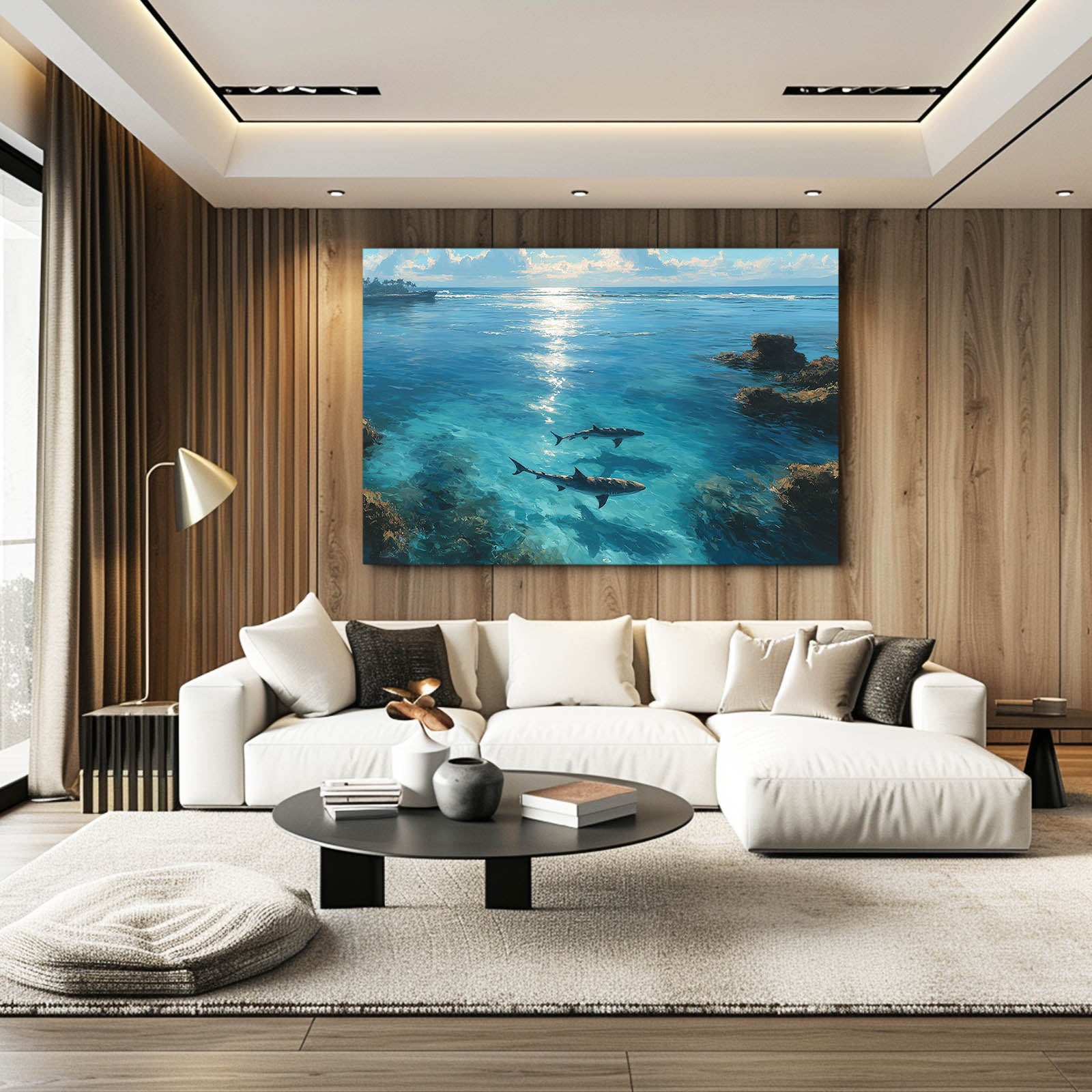 Underwater Silhouette Shark Wall Art – styled in a furnished interior