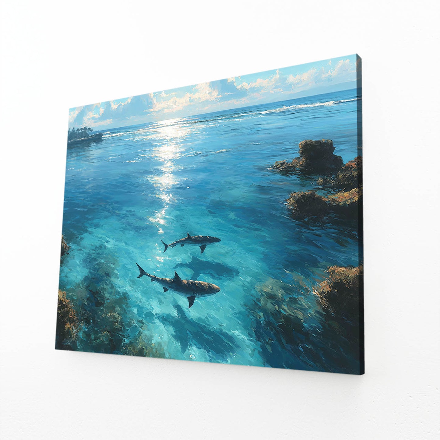 Underwater Silhouette Shark Wall Art – angled canvas view on white background