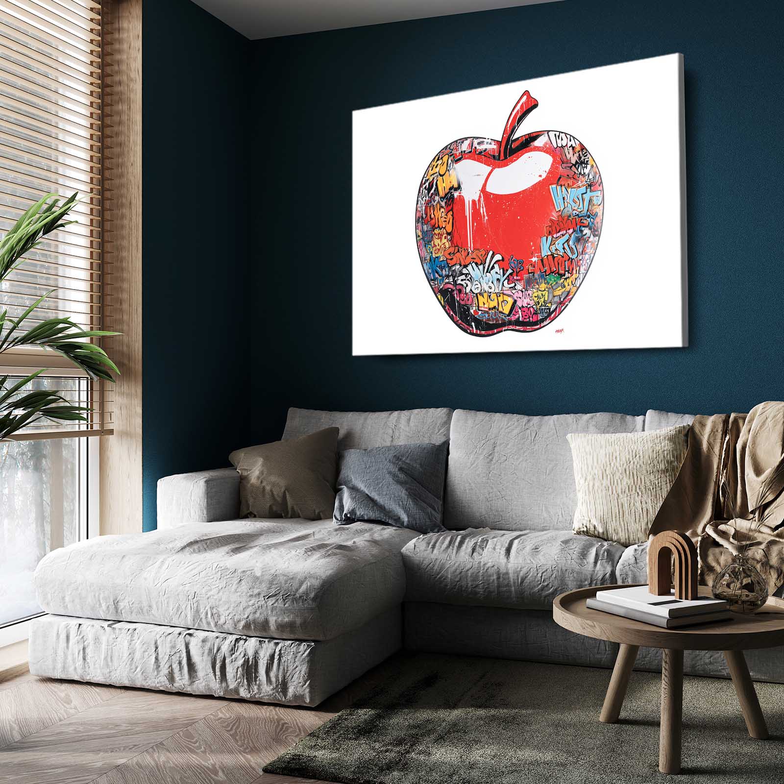Urban Pop Drip Apple Art – styled in a furnished interior