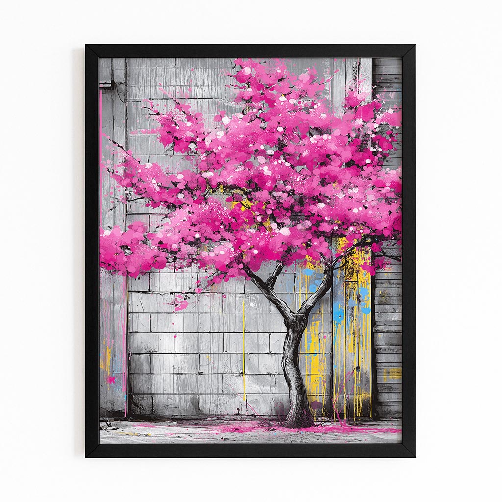 Urban Wall Tree Cherry Blossom Wall Art – with Premium Black frame on white background