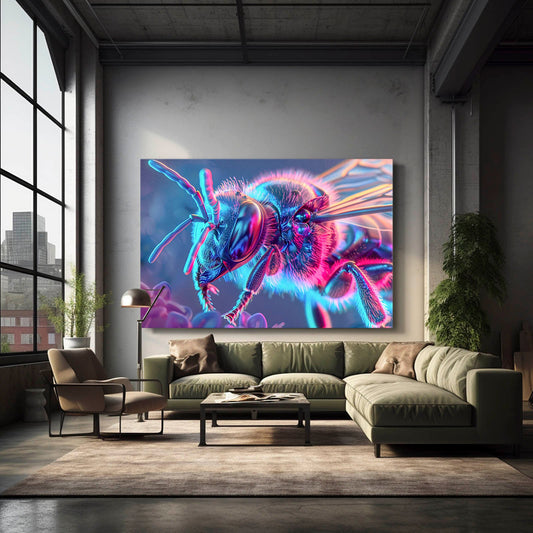 Vaporwave Bee Art — cyberpunk canvas print in blue tones, view 3