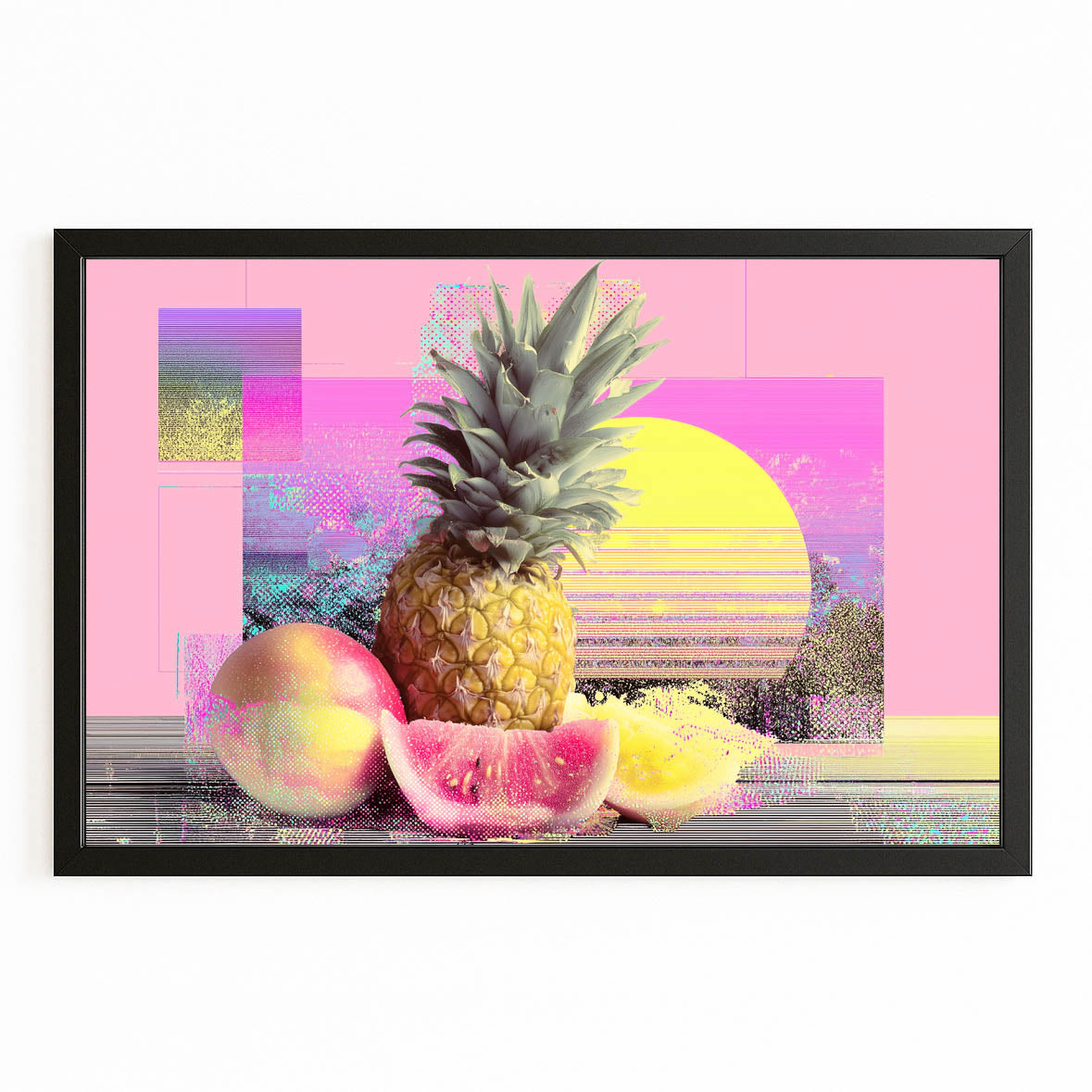 Vaporwave Fruit Sunset Wall Decor – with Premium Black frame on white background