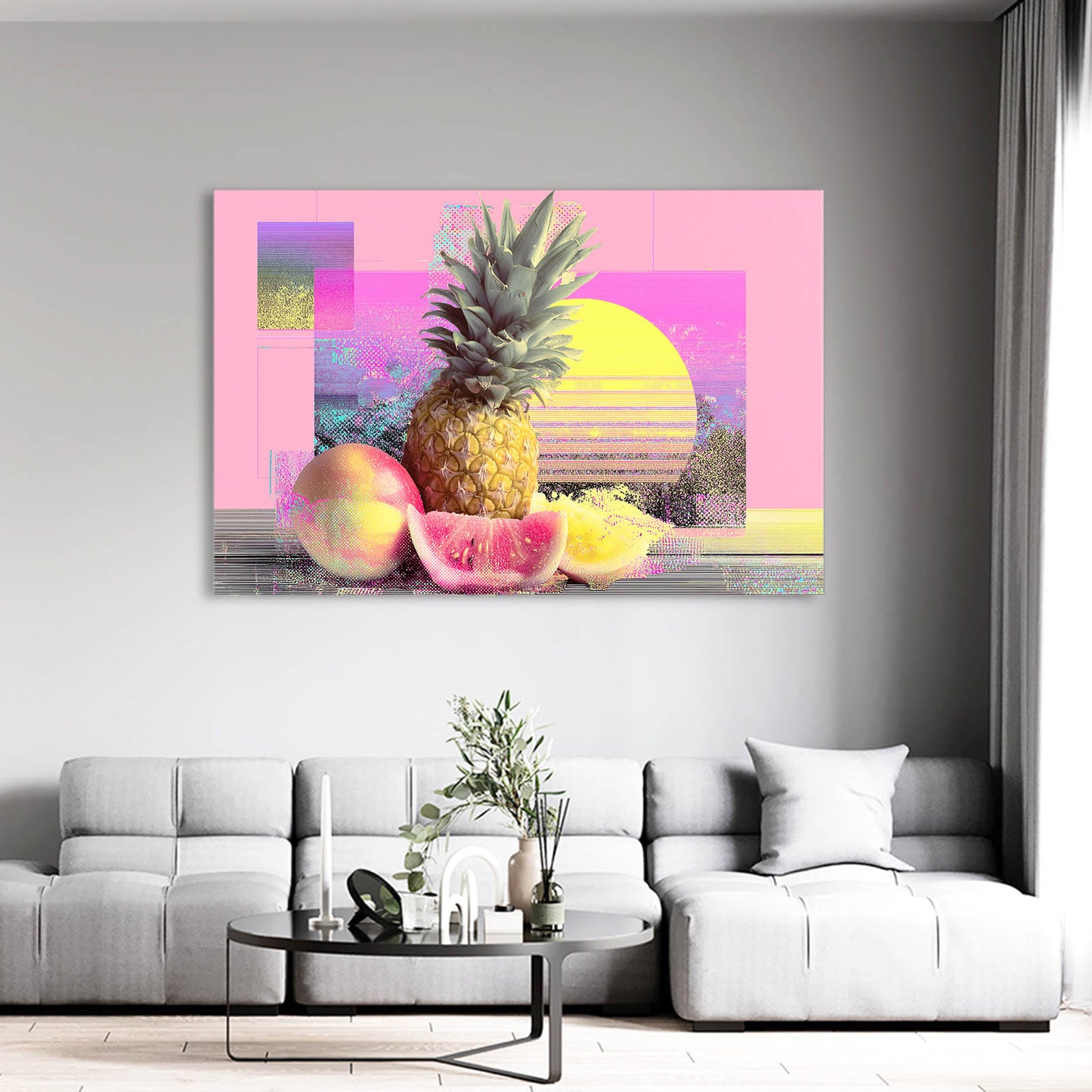 Vaporwave Fruit Sunset Wall Decor – styled in a furnished interior