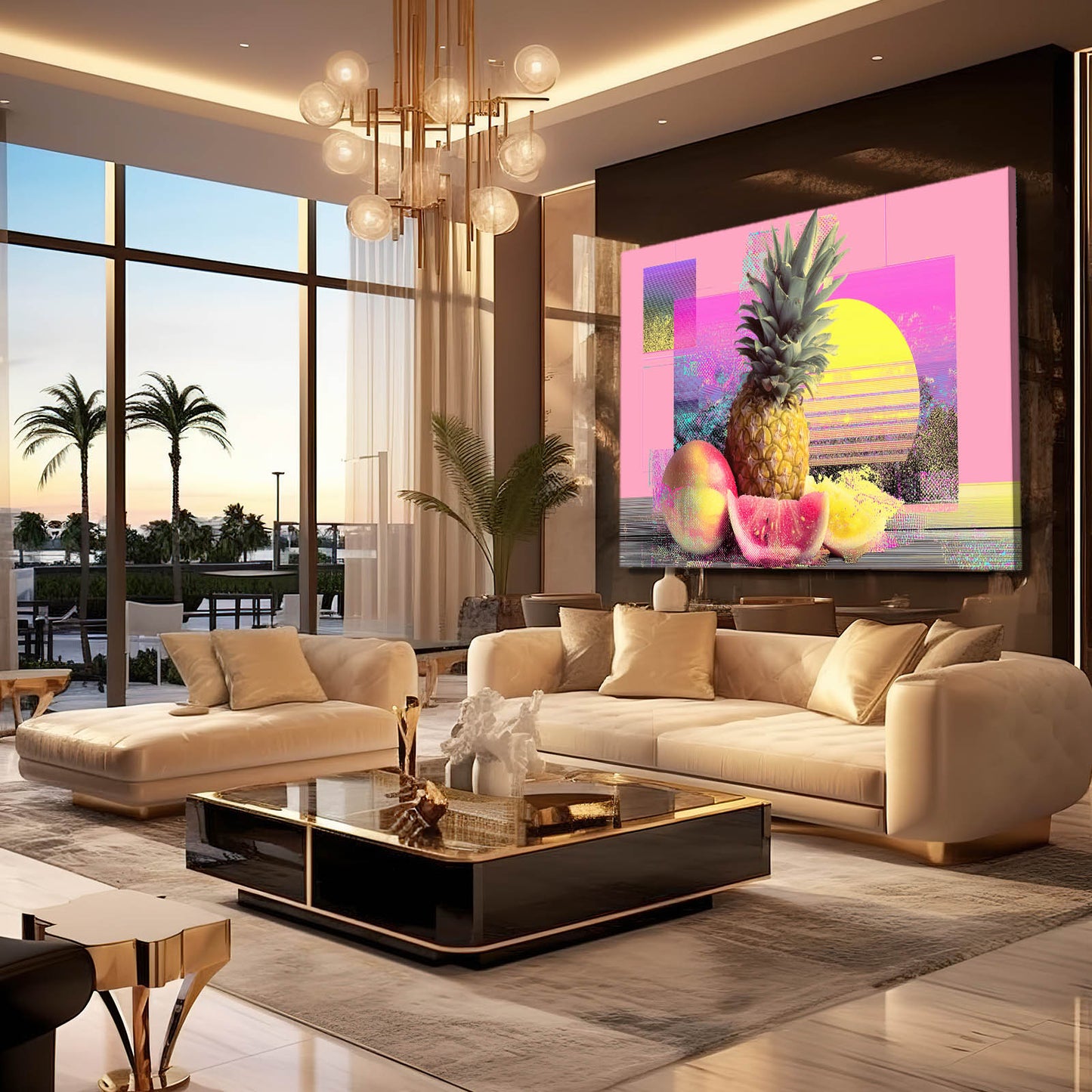 Vaporwave Fruit Sunset Wall Decor – styled in a furnished interior