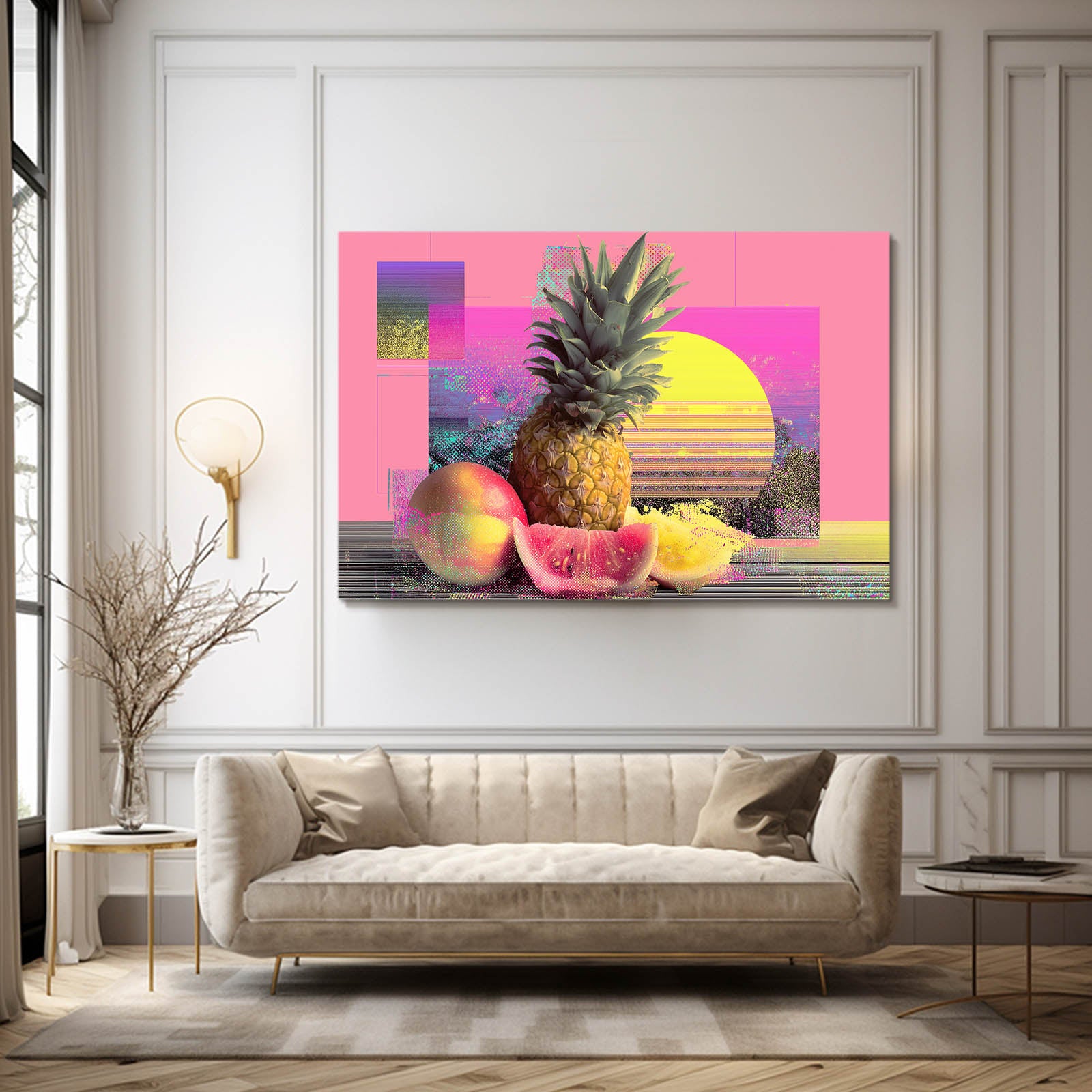 Vaporwave Fruit Sunset Wall Decor – styled in a furnished interior