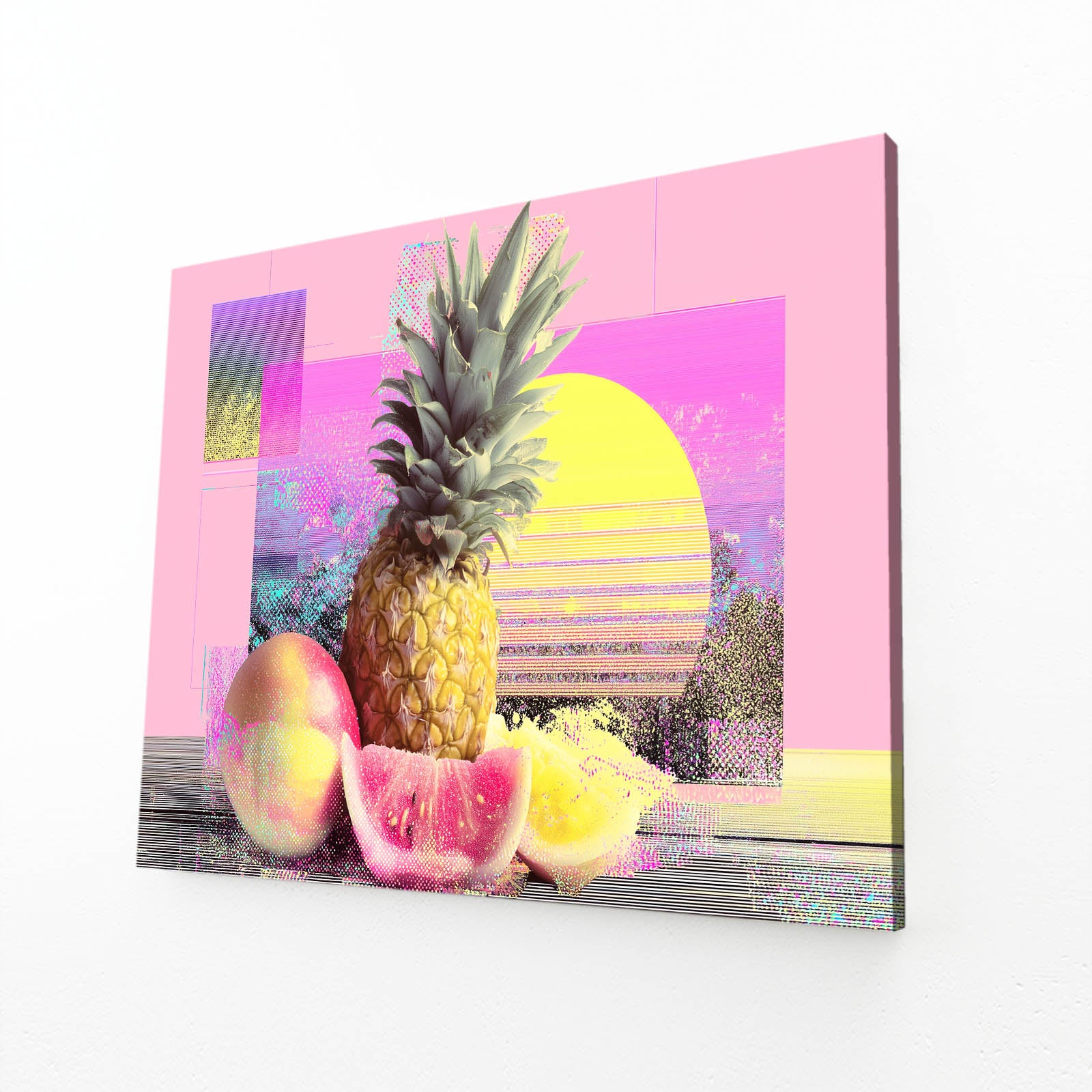 Vaporwave Fruit Sunset Wall Decor – angled canvas view on white background