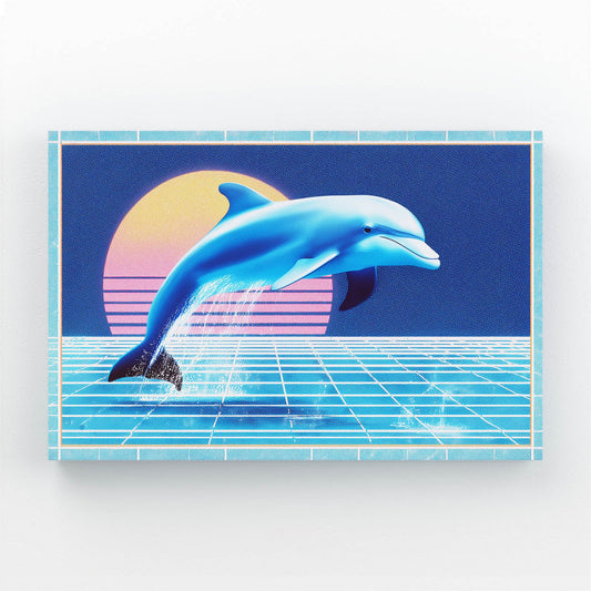 Vaporwave Grid Dolphin Art – dolphin leaping over a neon grid before an 80s vaporwave sunset