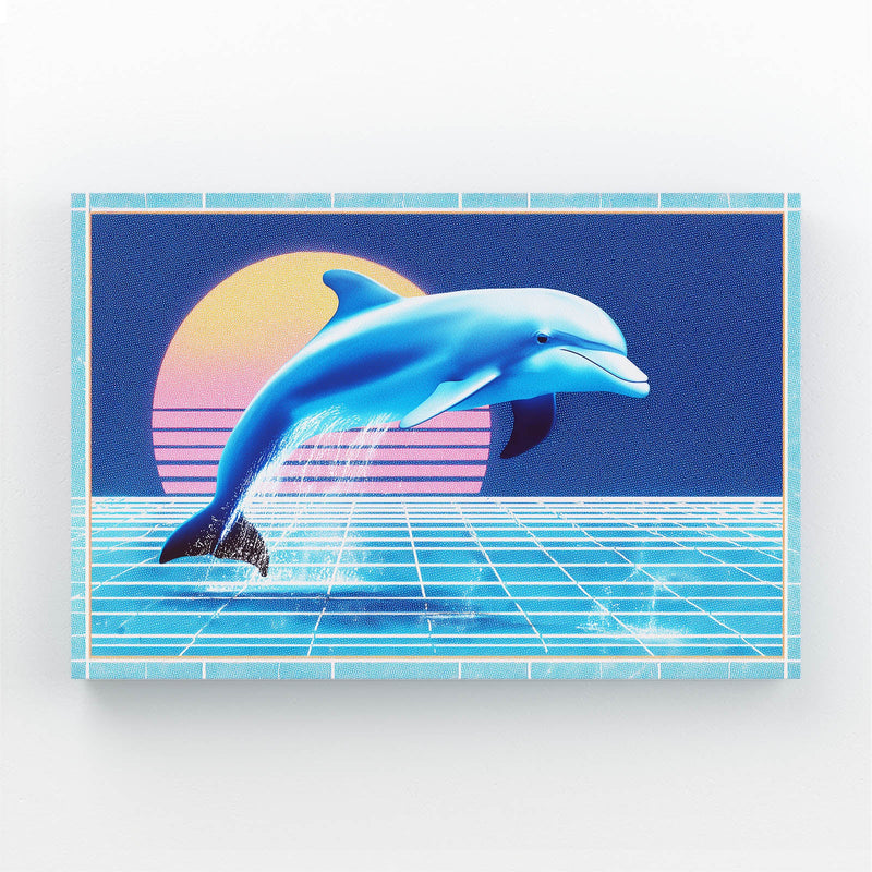 Vaporwave Grid Dolphin Art – dolphin leaping over a neon grid before an 80s vaporwave sunset