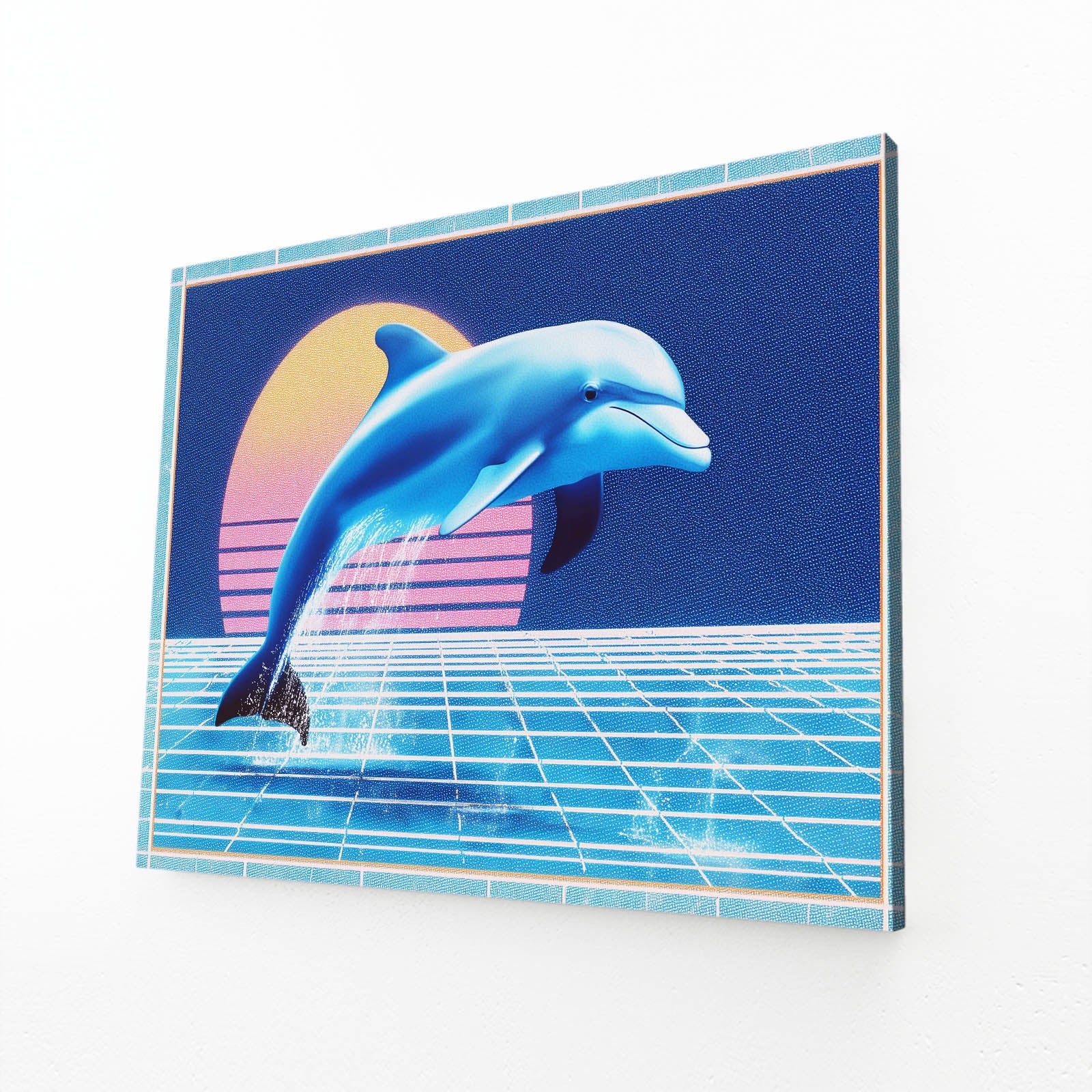 Vaporwave Grid Dolphin Art – angled canvas view on white background