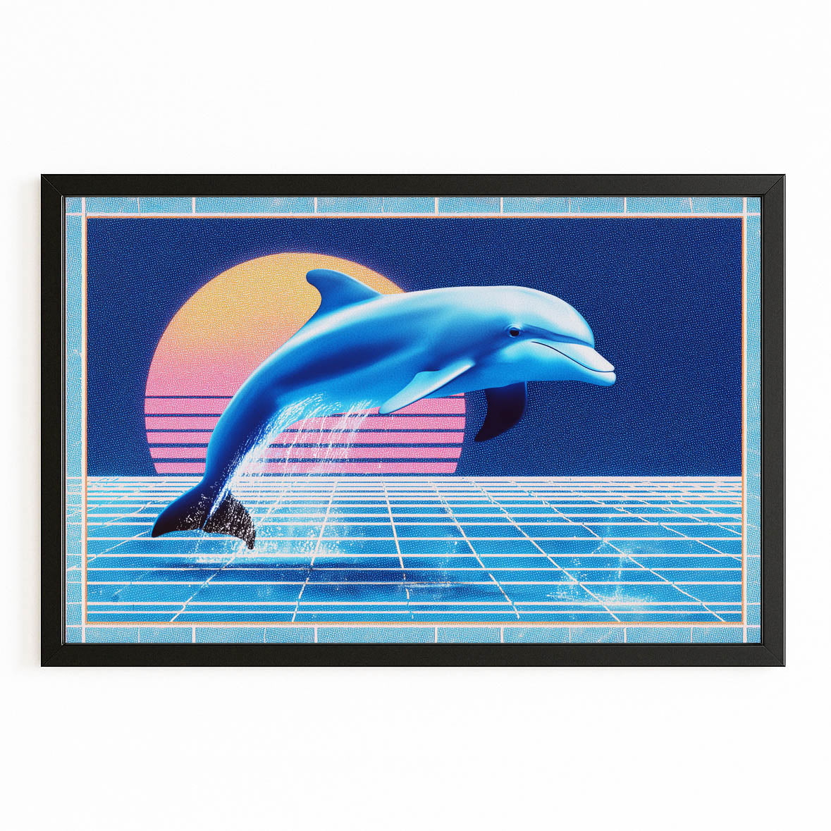 Vaporwave Grid Dolphin Art – with Premium Black wood frame on white background
