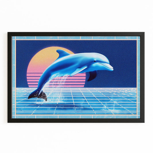 Vaporwave Grid Dolphin Art – with Premium Black wood frame on white background