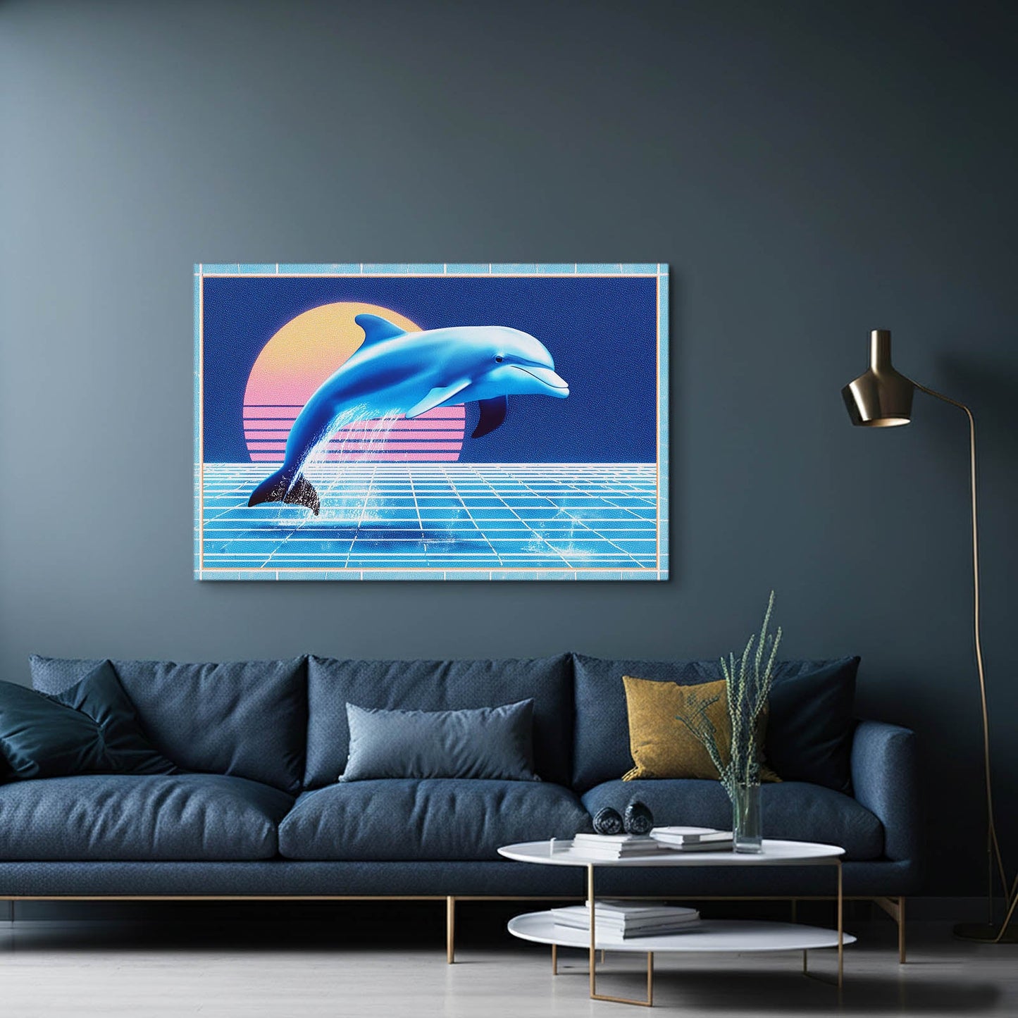 Vaporwave Grid Dolphin Art – styled in a furnished interior
