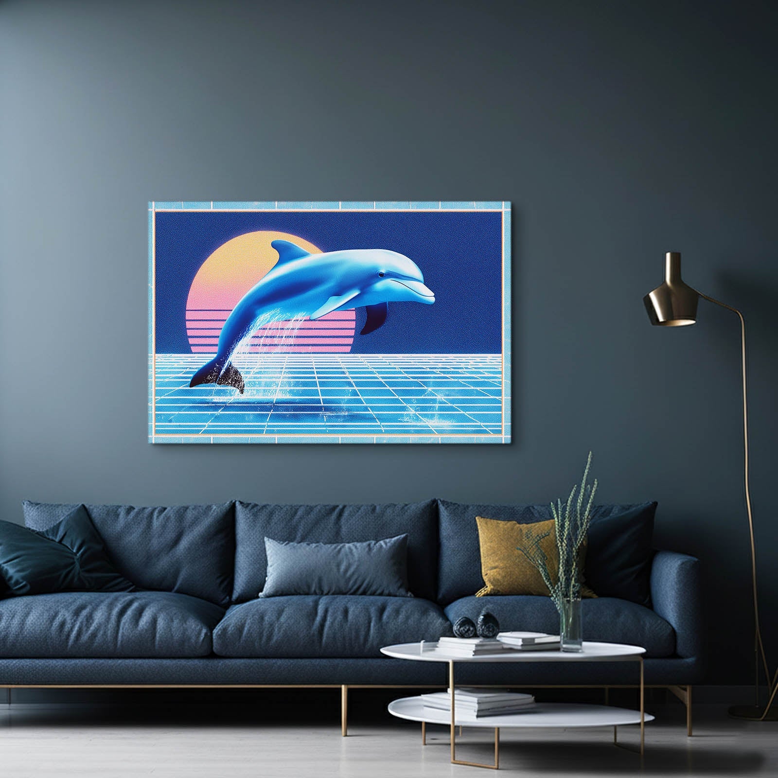 Vaporwave Grid Dolphin Art – styled in a furnished interior
