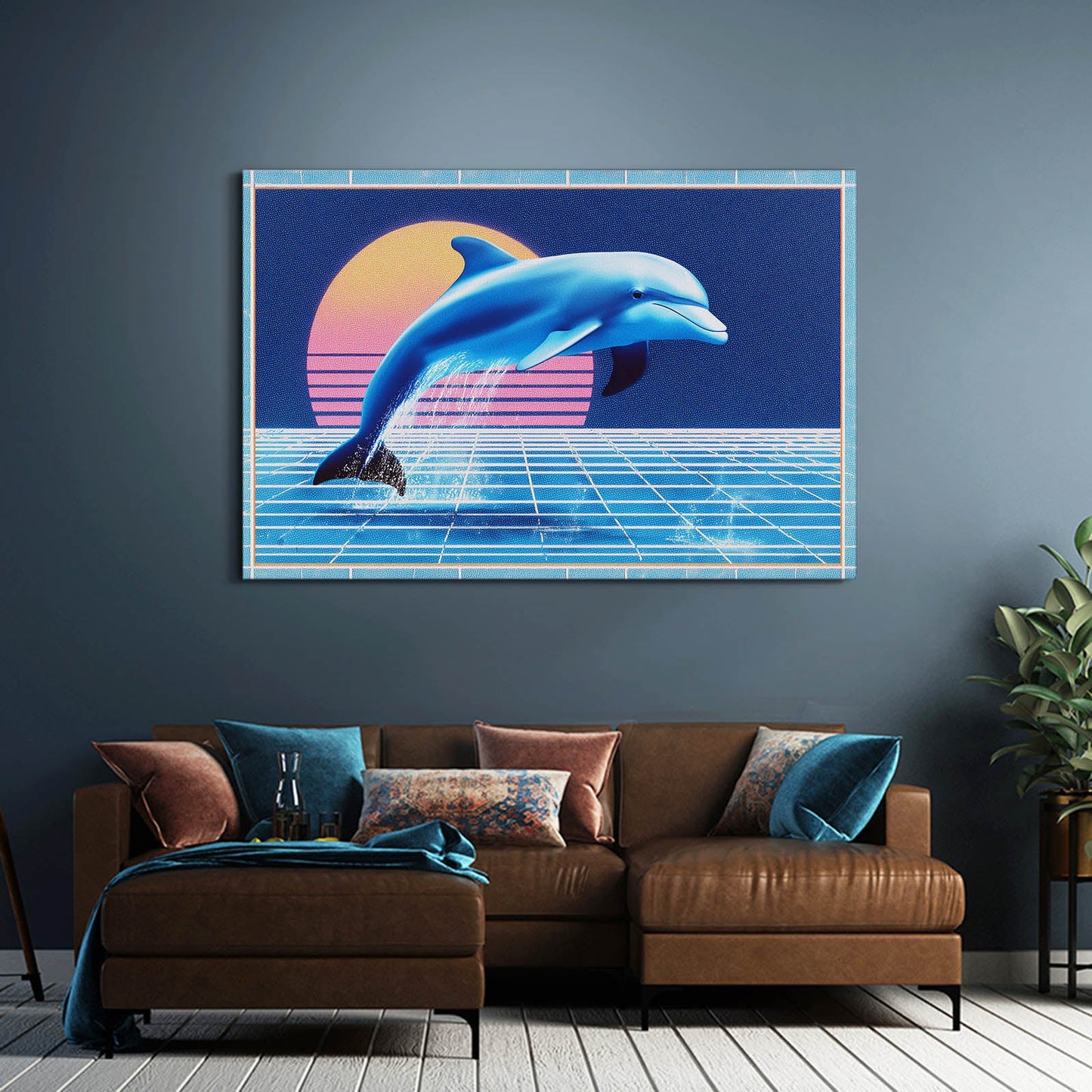 Vaporwave Grid Dolphin Art – styled in a furnished interior