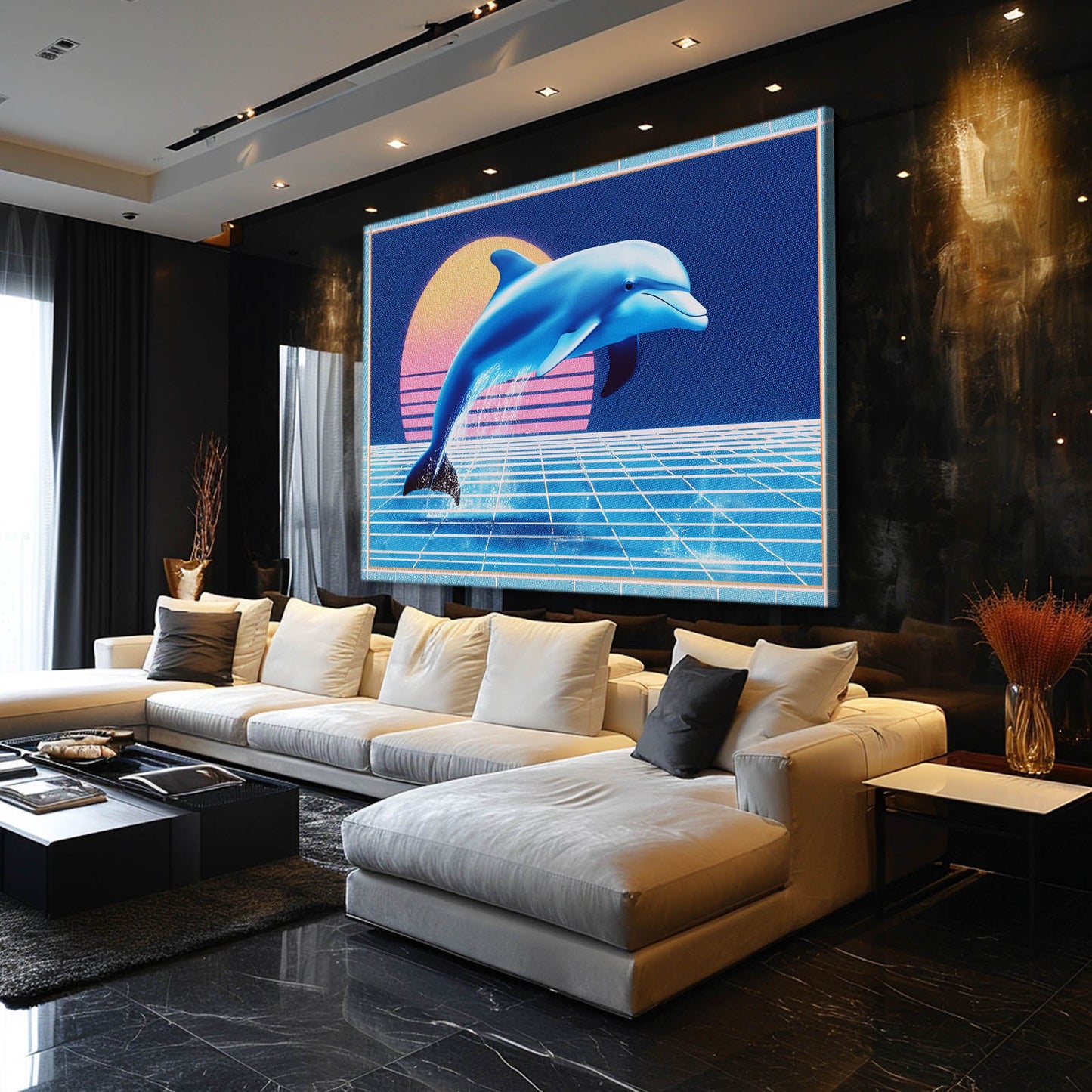 Vaporwave Grid Dolphin Art – styled in a furnished interior
