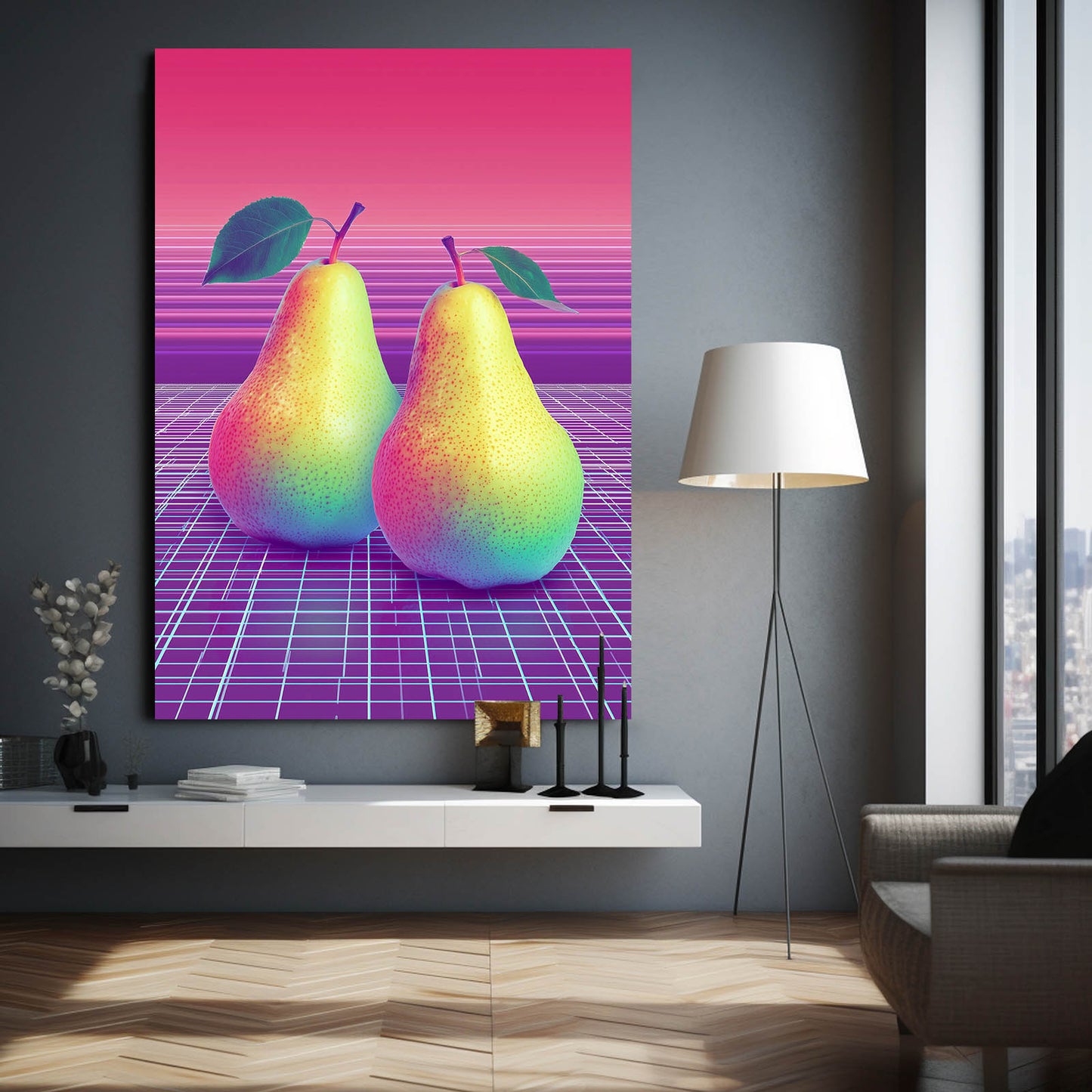 Vaporwave Pears Fruit Prints – styled in a furnished interior