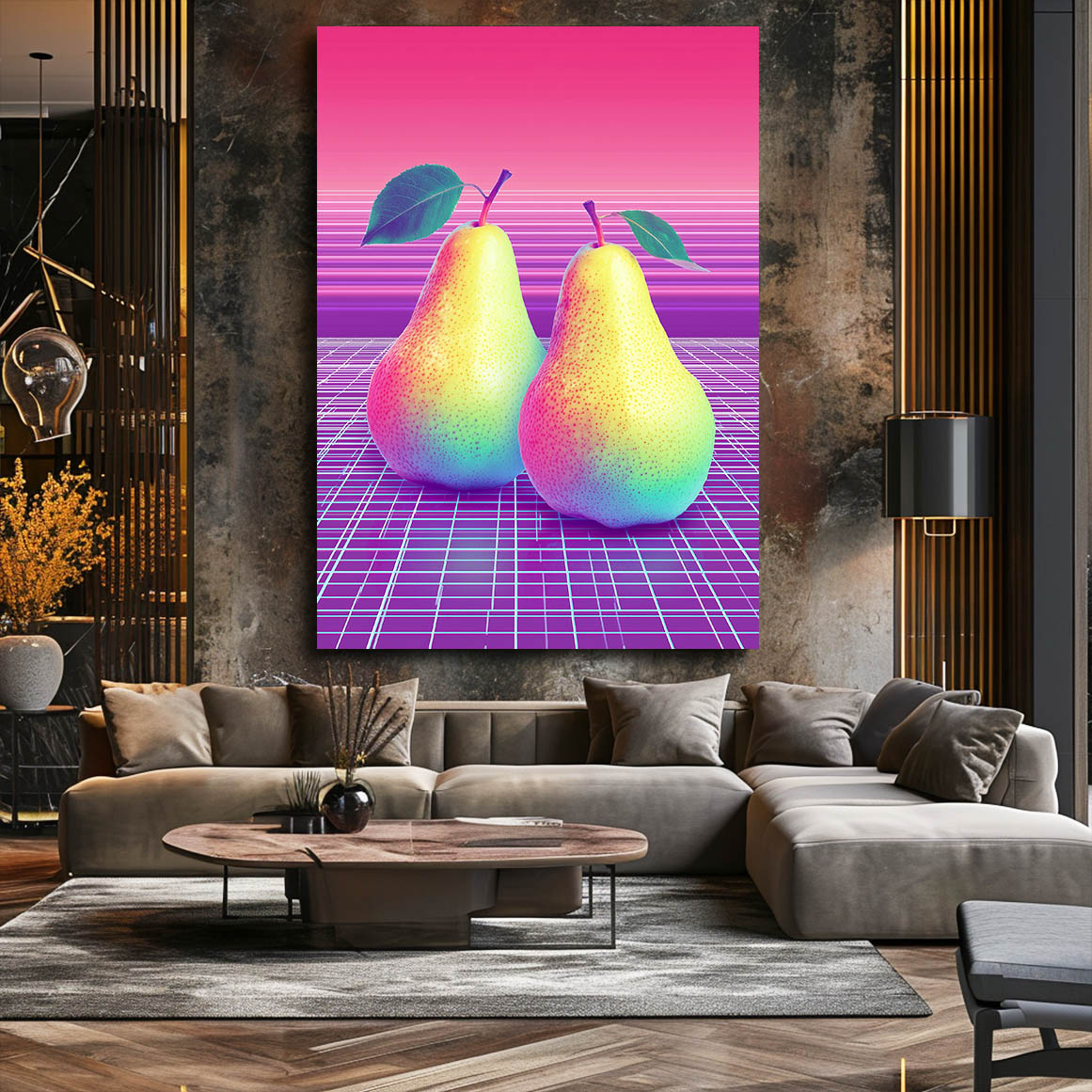 Vaporwave Pears Fruit Prints – styled in a furnished interior