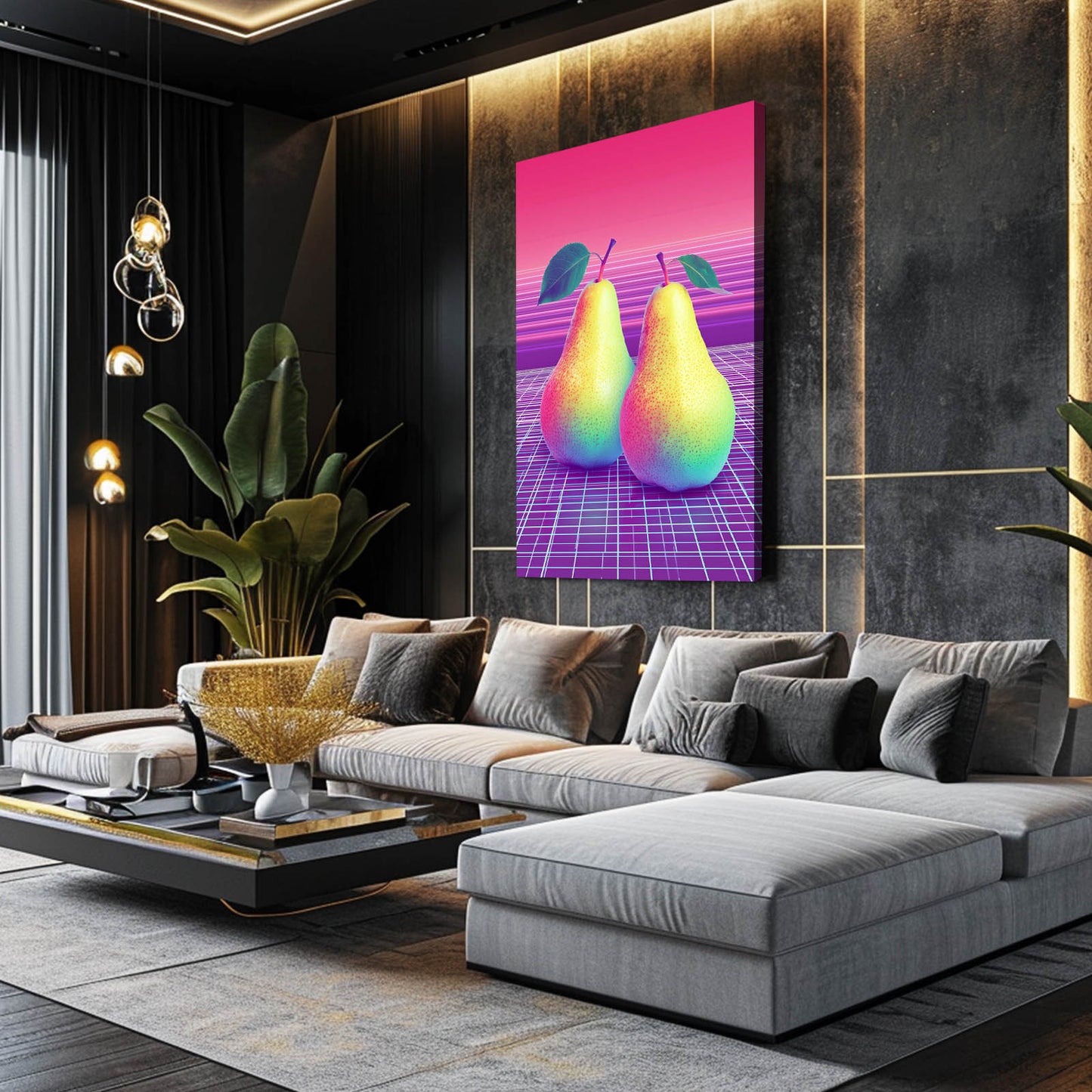 Vaporwave Pears Fruit Prints – styled in a furnished interior
