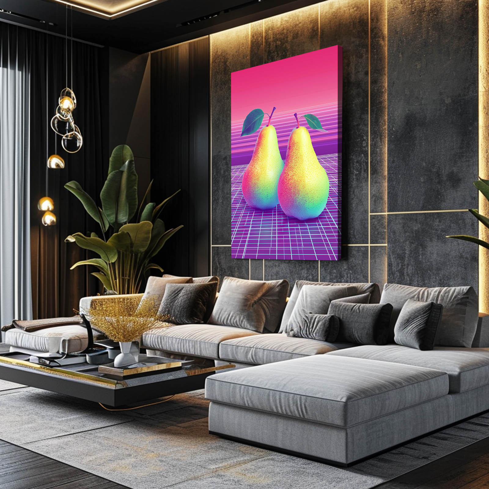 Vaporwave Pears Fruit Prints – styled in a furnished interior