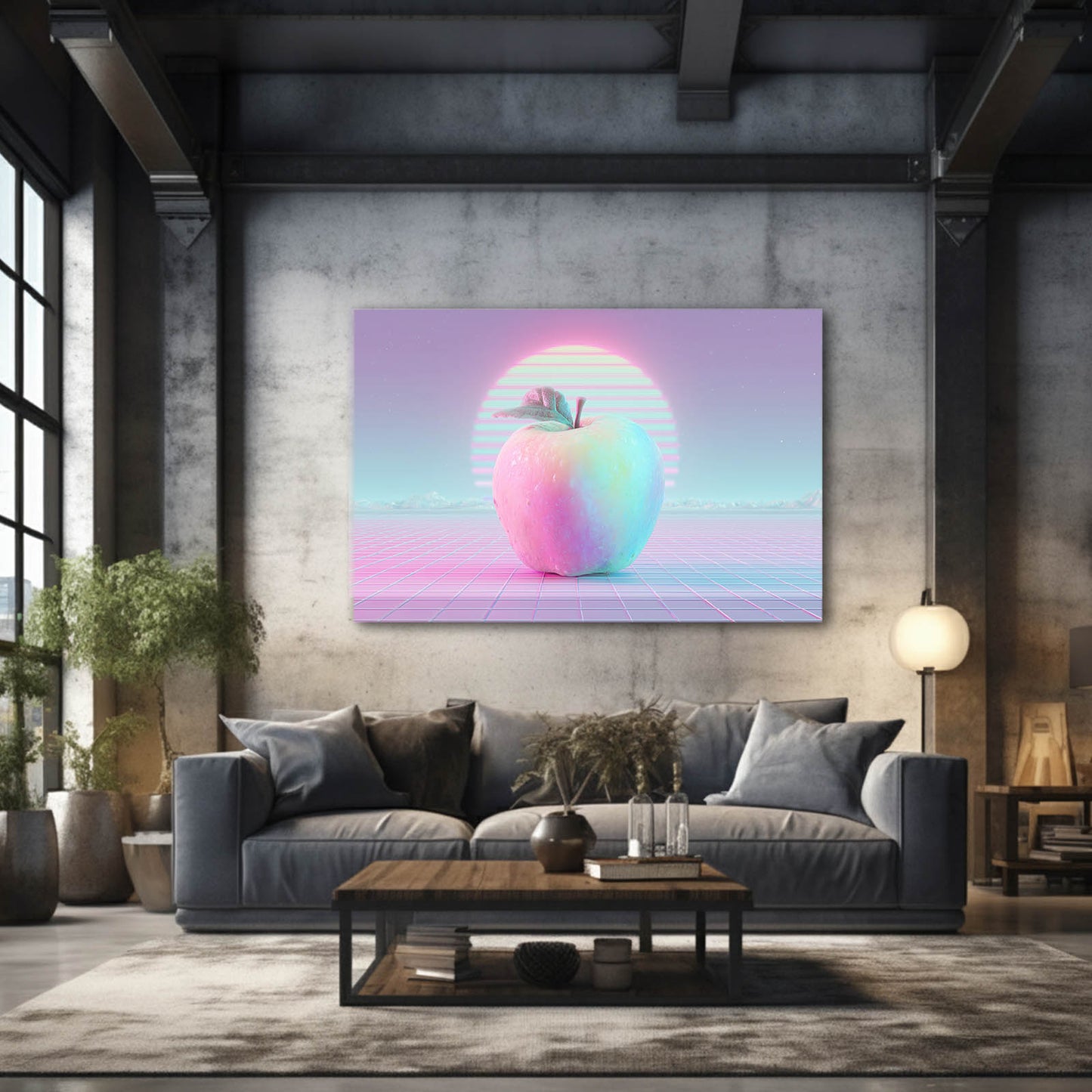 Vaporwave Retro Apple Wall Art – styled in a furnished interior