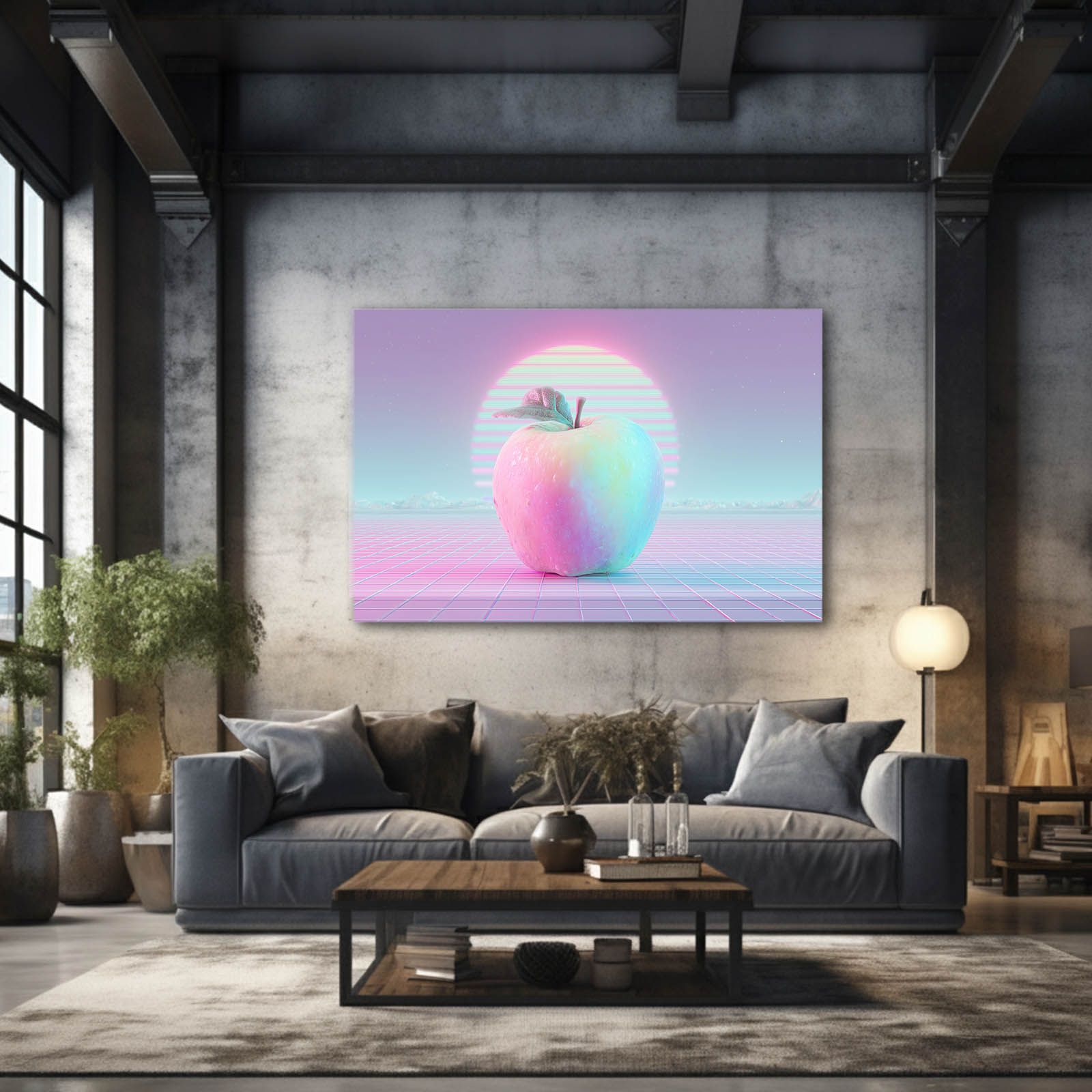 Vaporwave Retro Apple Wall Art – styled in a furnished interior