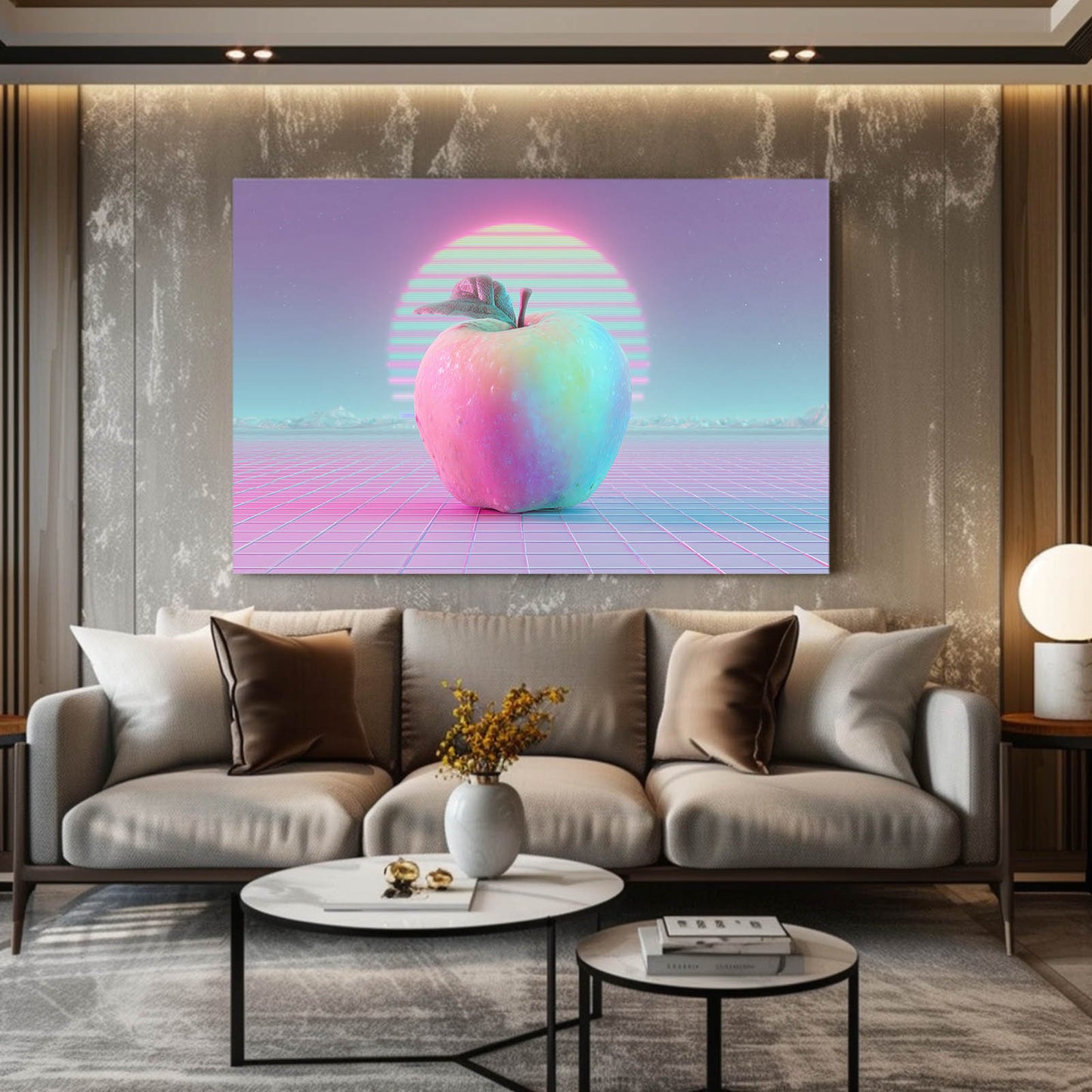 Vaporwave Retro Apple Wall Art – styled in a furnished interior