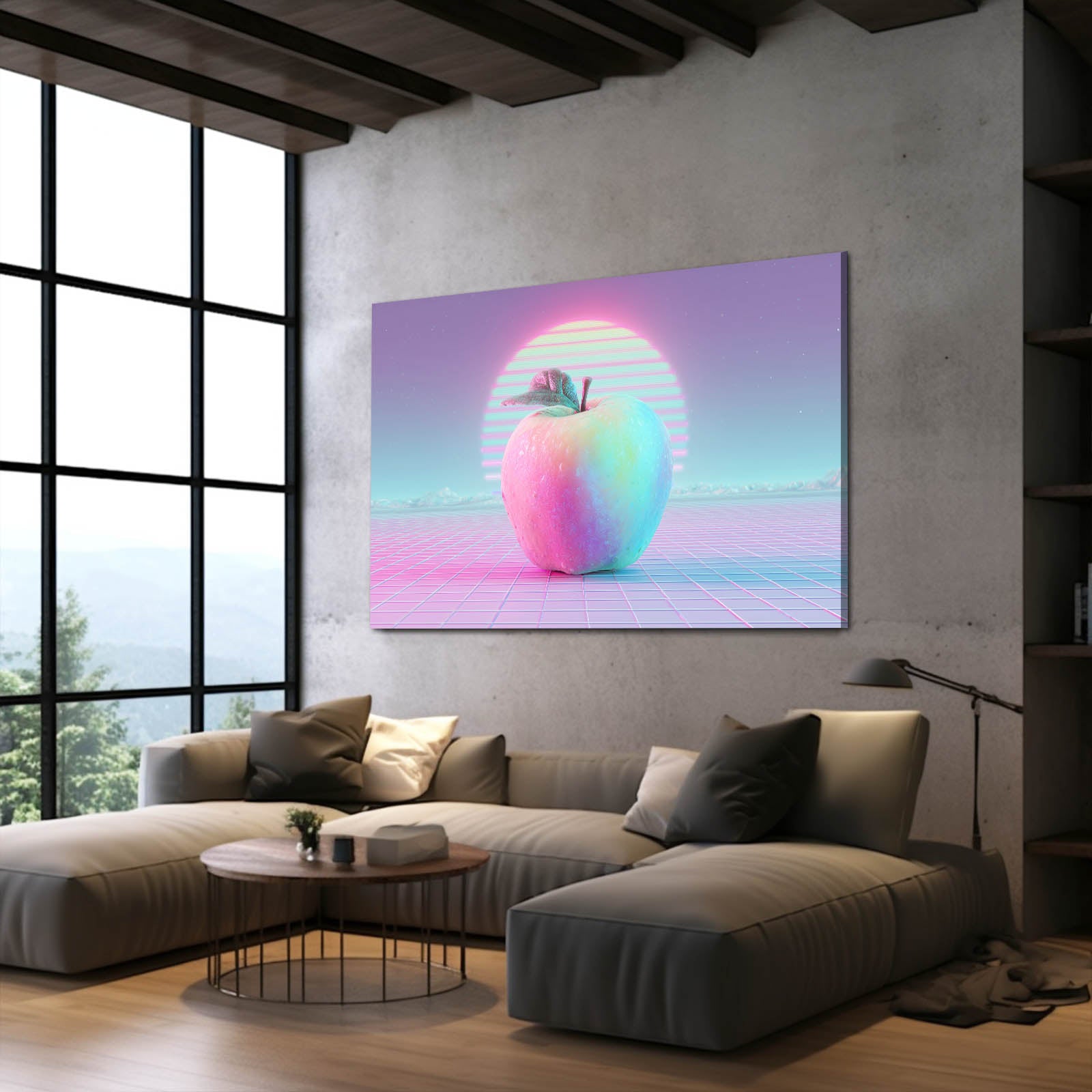 Vaporwave Retro Apple Wall Art – styled in a furnished interior