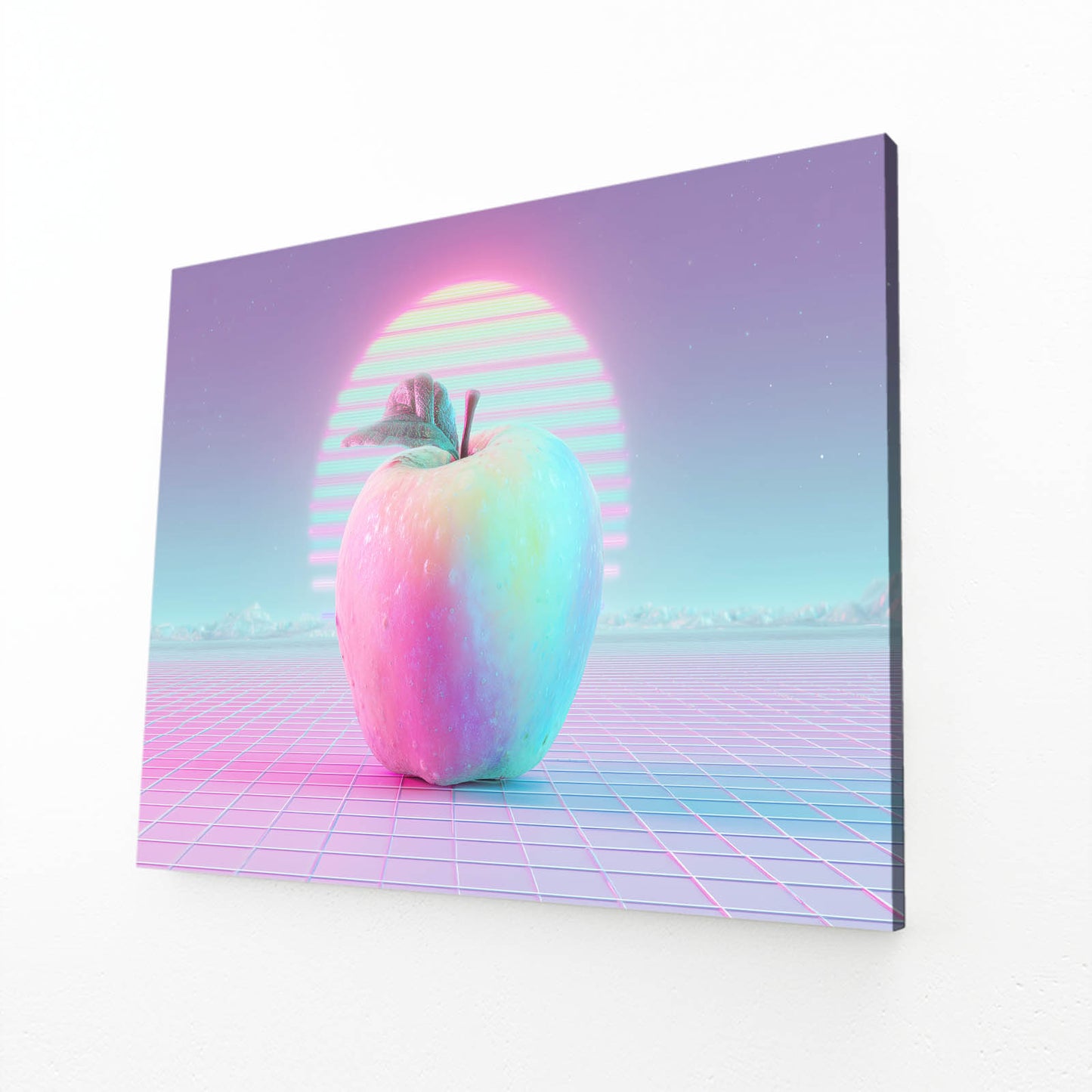 Vaporwave Retro Apple Wall Art – angled canvas view on white background