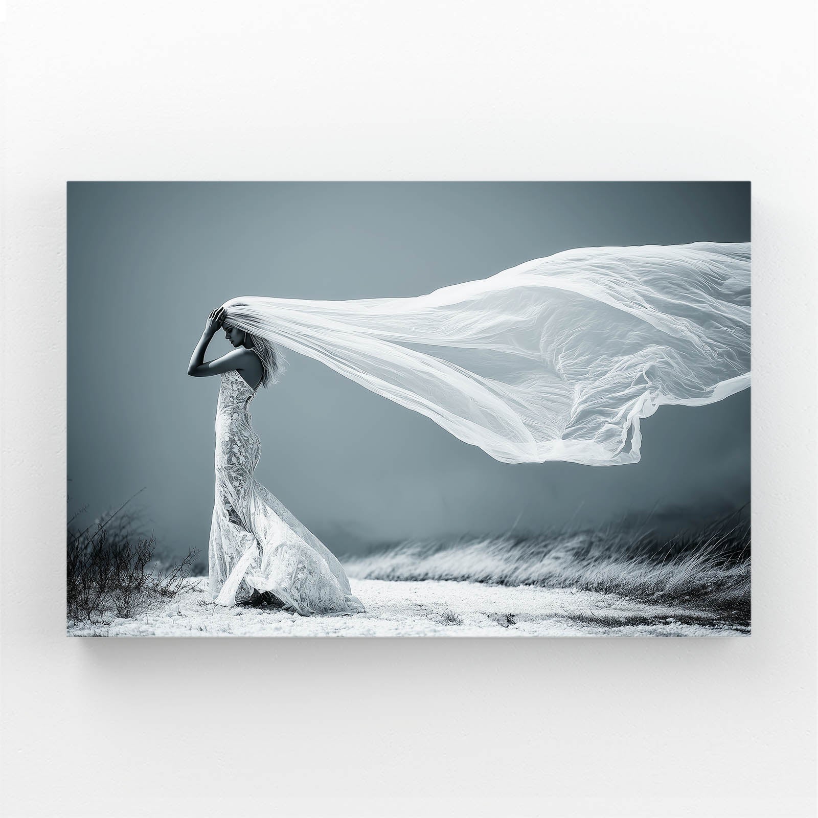 Veil Dancer Photography Canvas Art – dancer trailing a wind-caught white veil, monochrome