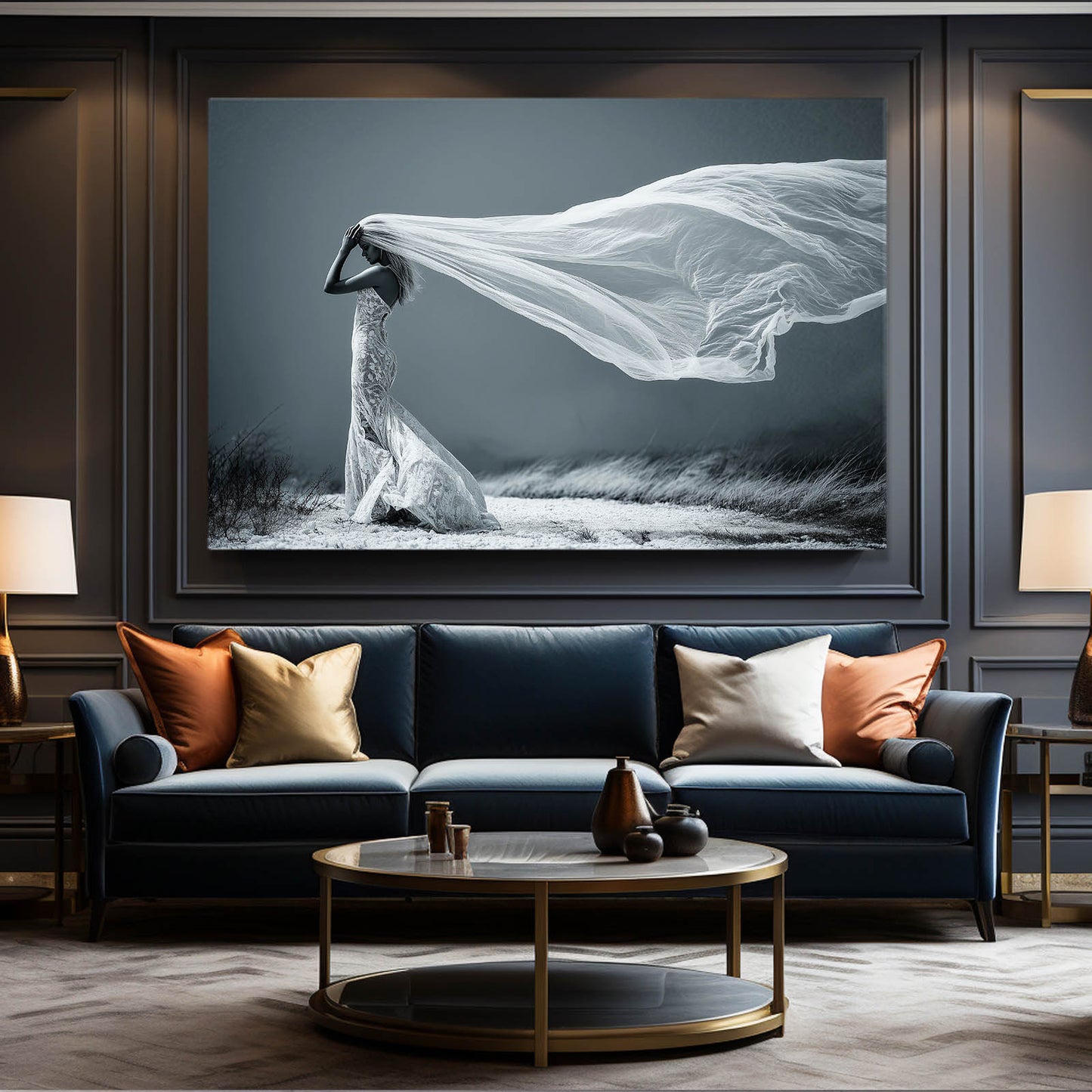 Veil Dancer Photography Canvas Art – above a navy sofa with amber cushions