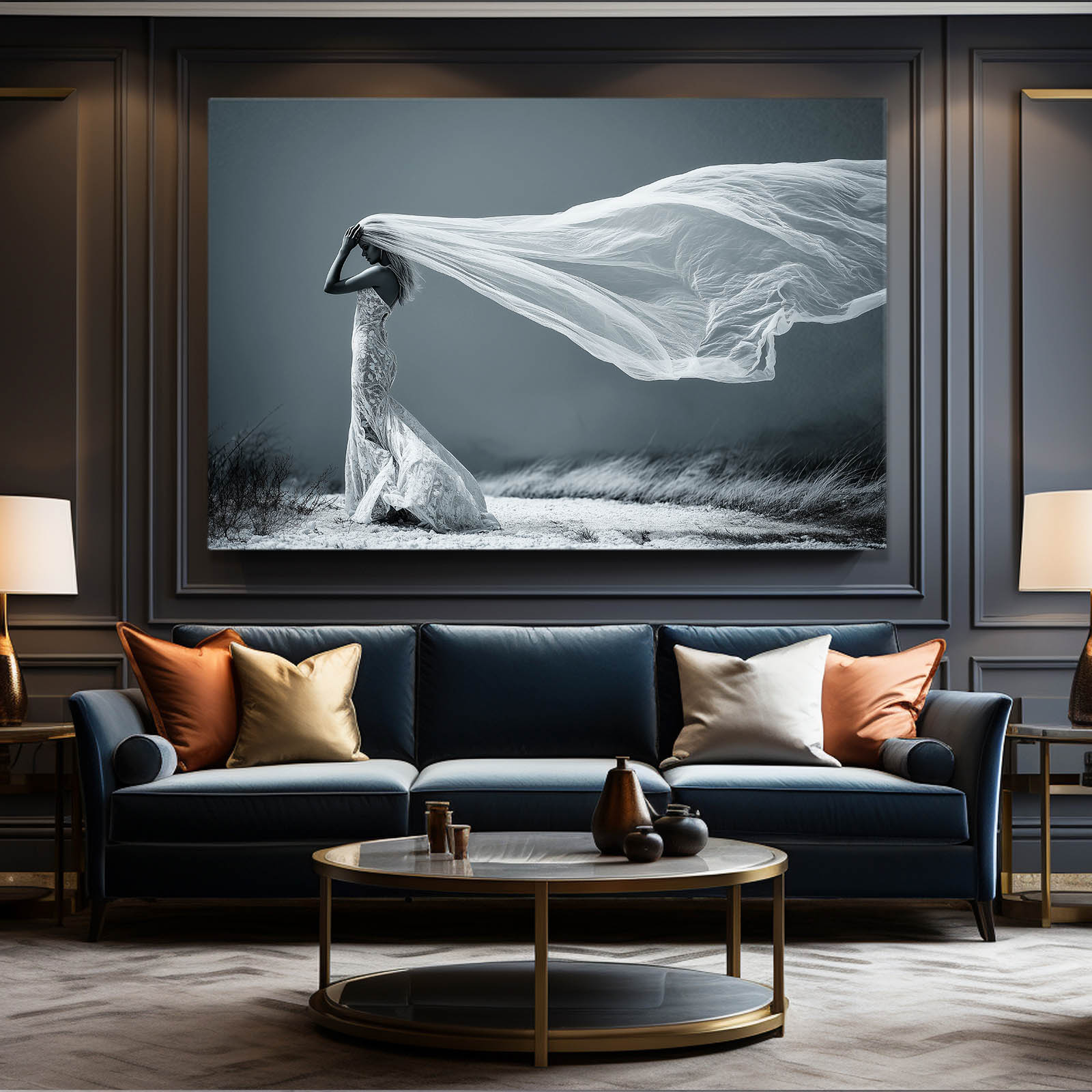 Veil Dancer Photography Canvas Art – above a navy sofa with amber cushions