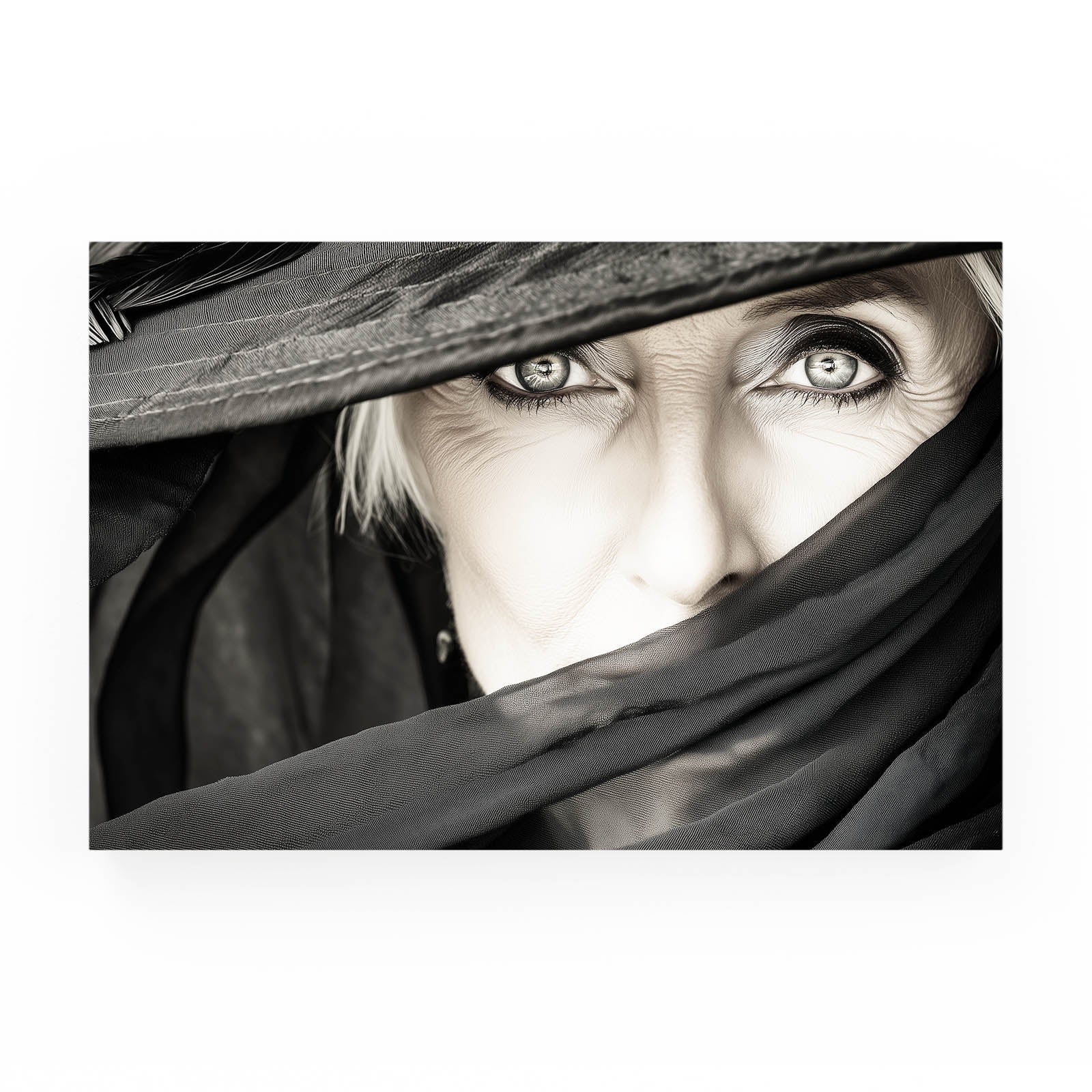 Veiled Eyes Women Photography Canvas – pale eyes over a black head shawl, high-contrast monochrome