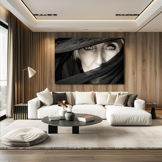 Veiled Eyes Women Photography Canvas – in a wood-panelled modern lounge
