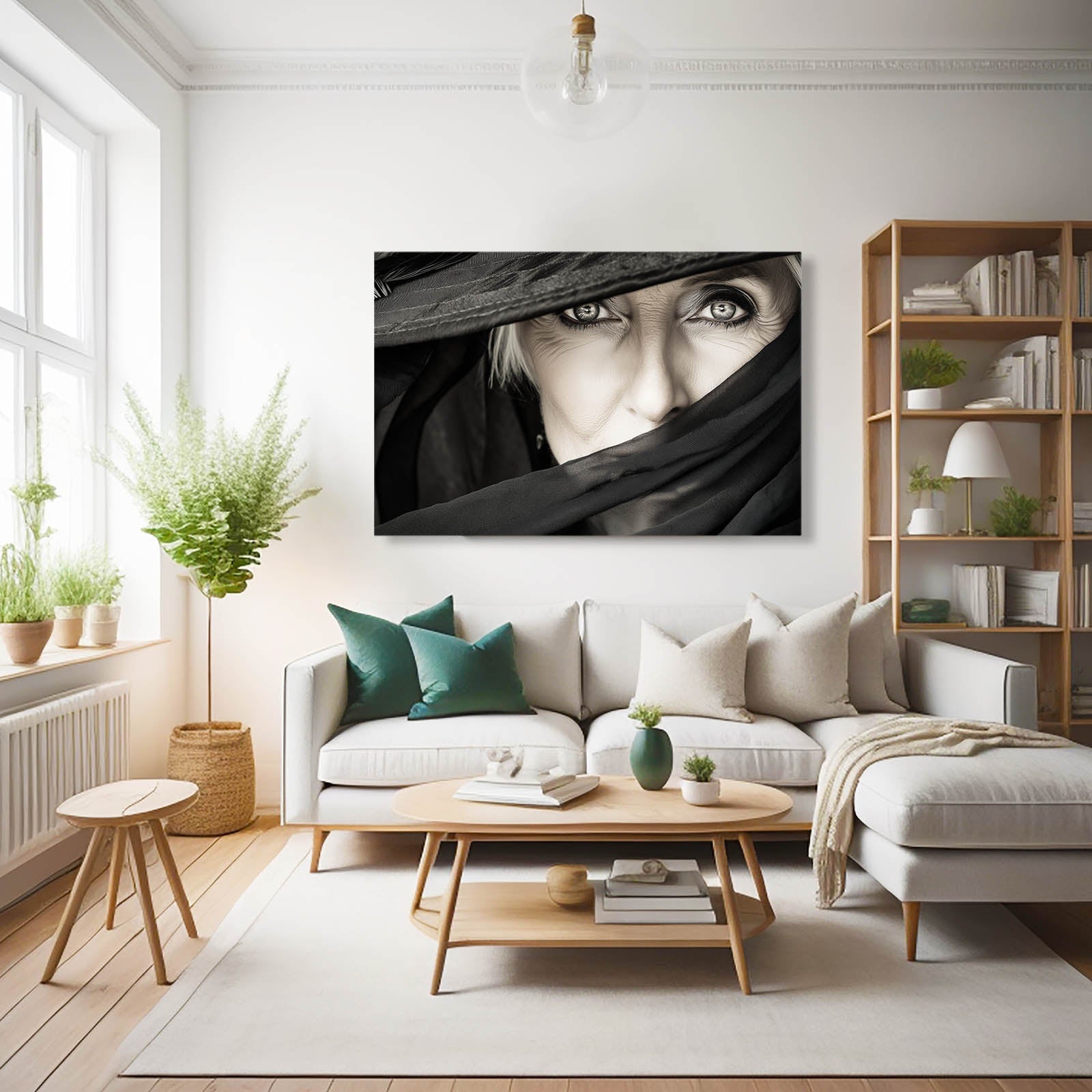 Veiled Eyes Women Photography Canvas – above a beige sofa in a scandi room