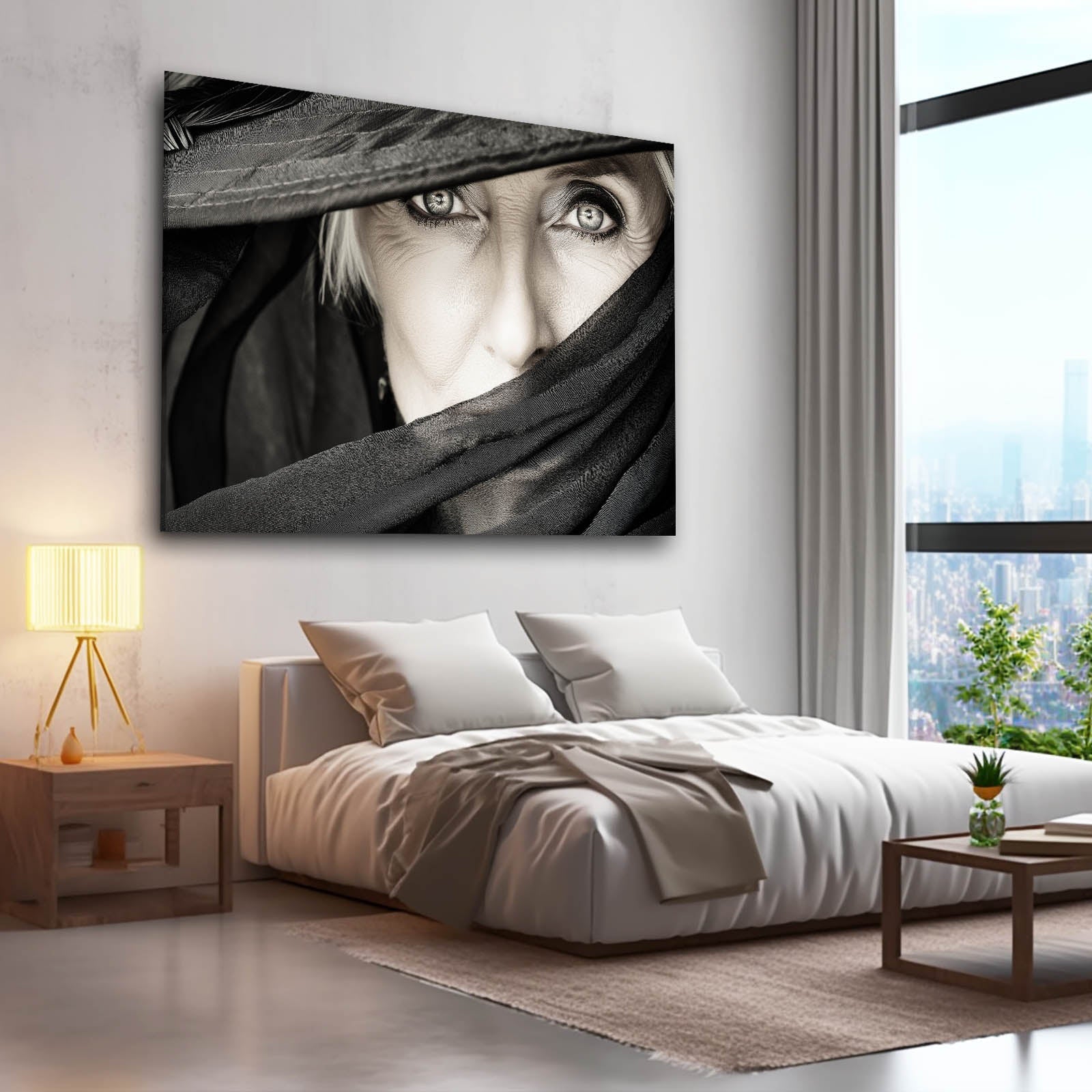 Veiled Eyes Women Photography Canvas – in a soft white bedroom