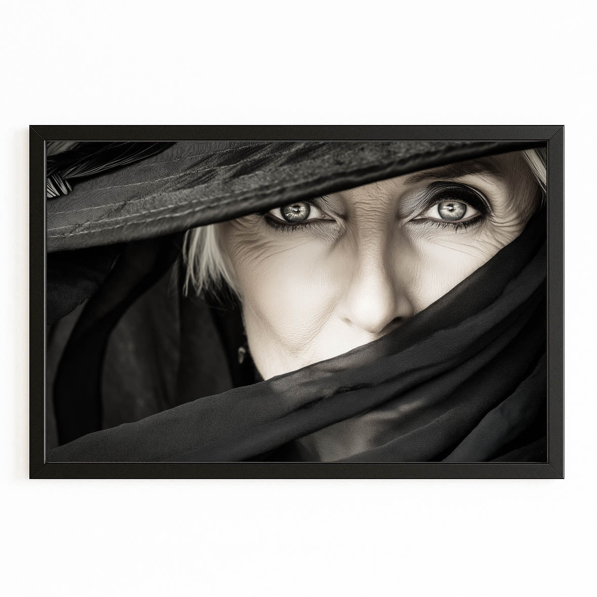 Veiled Eyes Women Photography Canvas – with Premium Black frame on white background