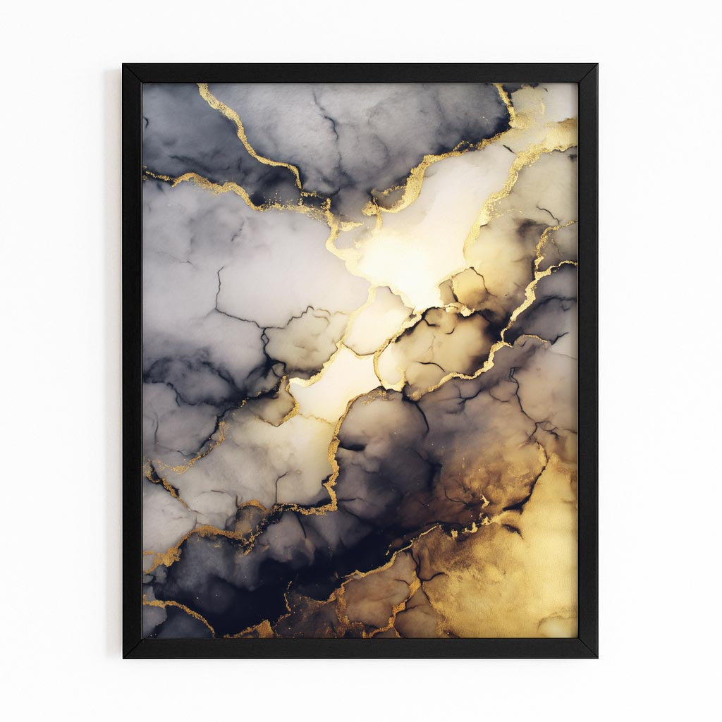 Veined Marble Glow Gold Canvas Art – with Premium Black frame on white background