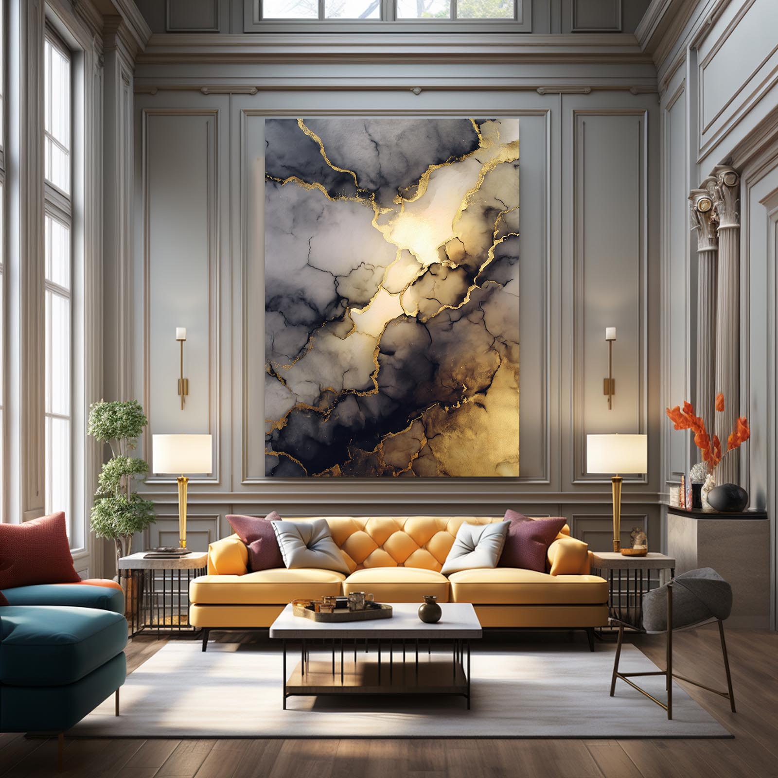 Veined Marble Glow Gold Canvas Art – styled in a furnished interior