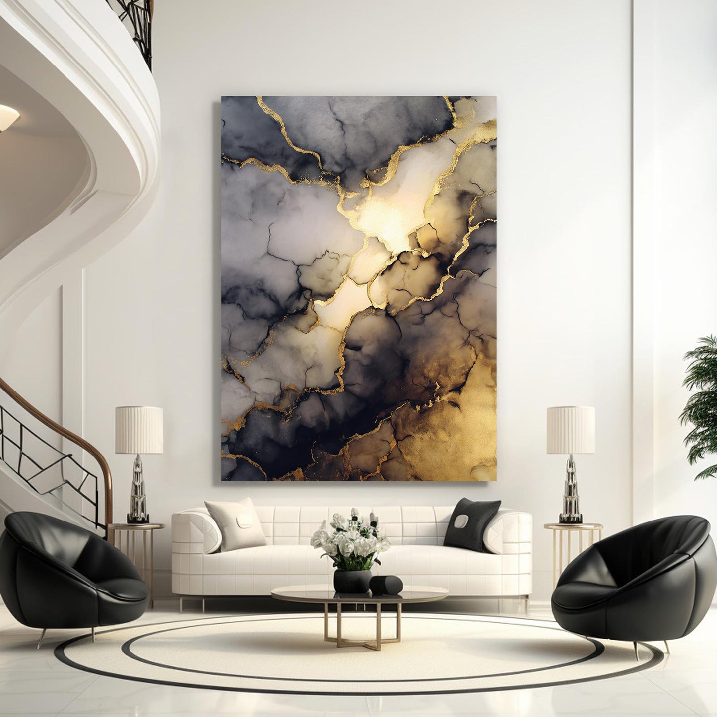 Veined Marble Glow Gold Canvas Art – styled in a furnished interior