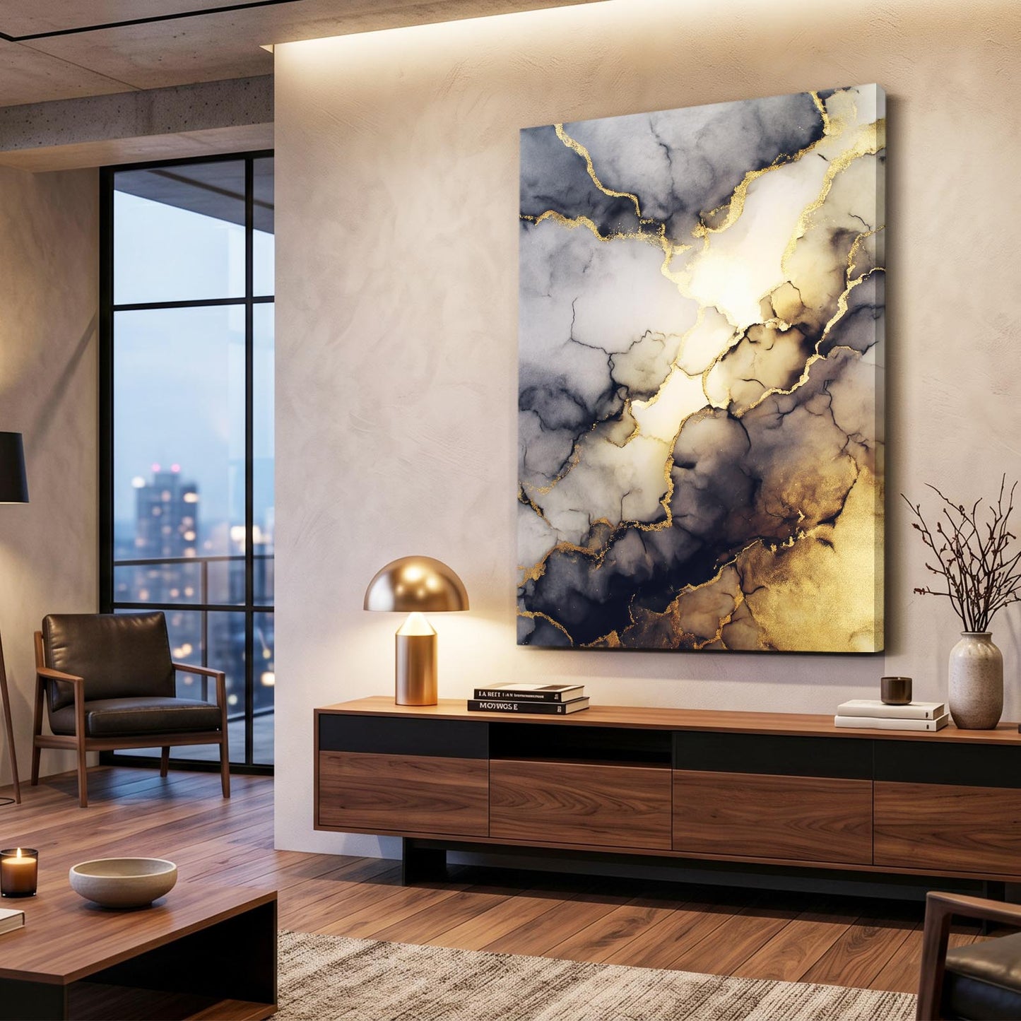 Veined Marble Glow Gold Canvas Art – styled in a furnished interior