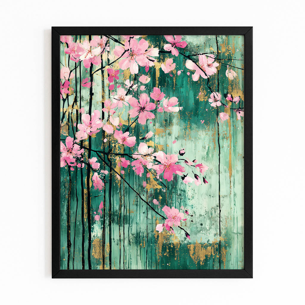 Verdigris Panel Blooms Cherry Blossom Art – with Premium Black frame on white background