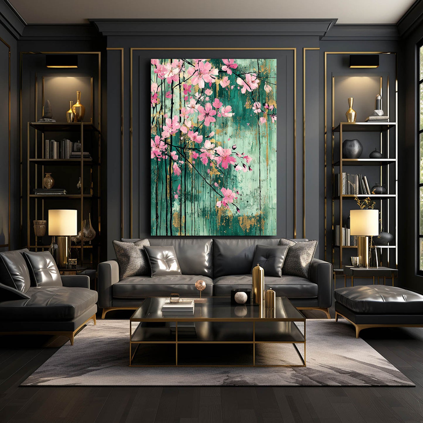 Verdigris Panel Blooms Cherry Blossom Art – styled in a furnished interior