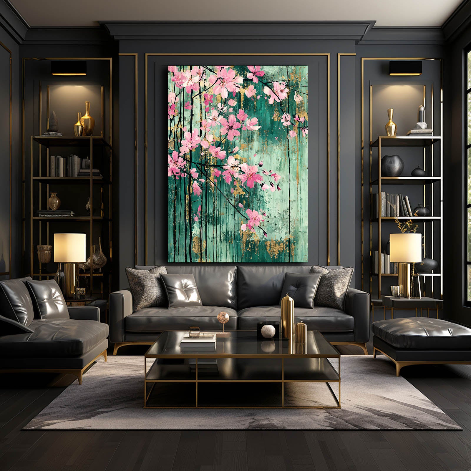 Verdigris Panel Blooms Cherry Blossom Art – styled in a furnished interior